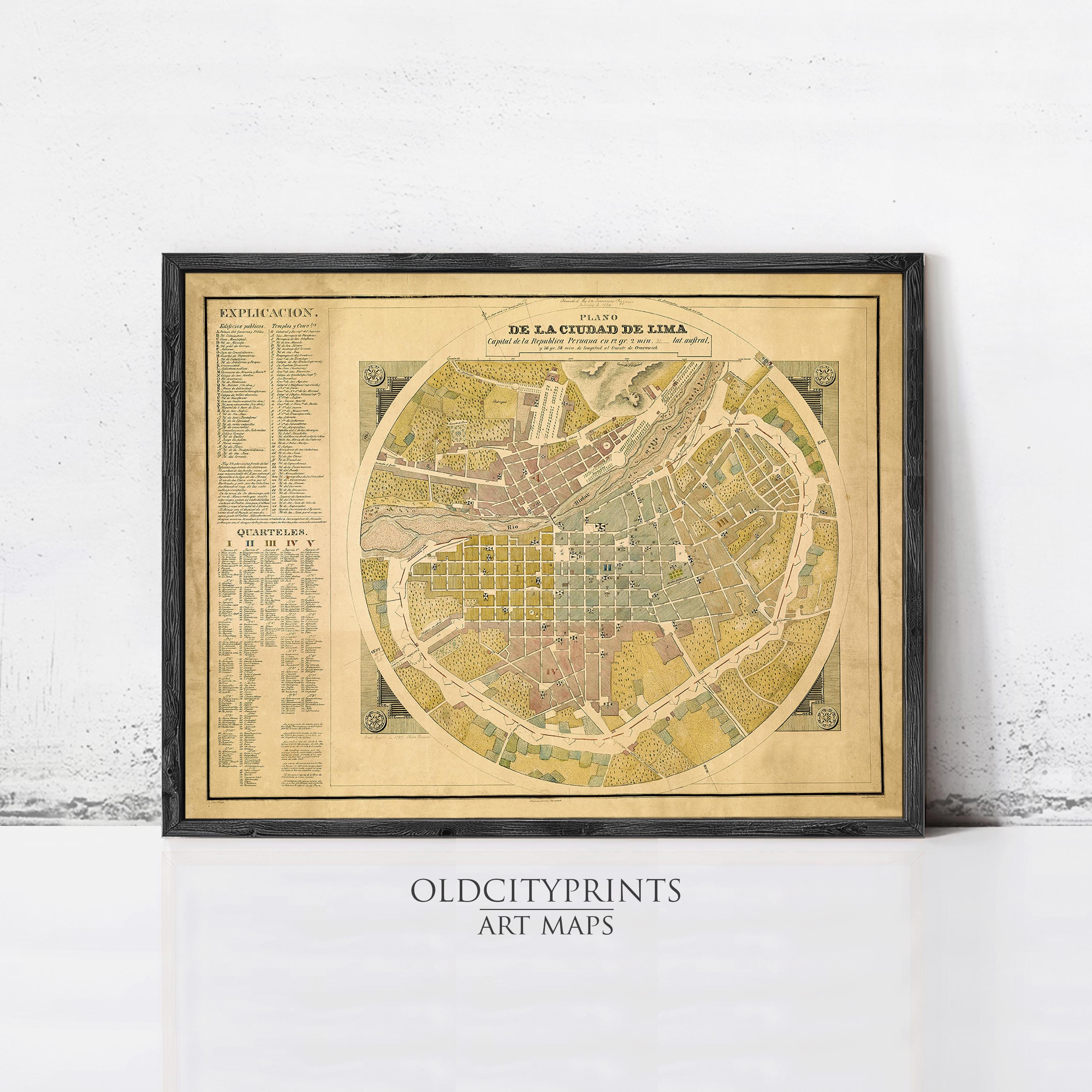 The image is a framed vintage map of a city, likely from the 19th century, with detailed cartography and labels.
