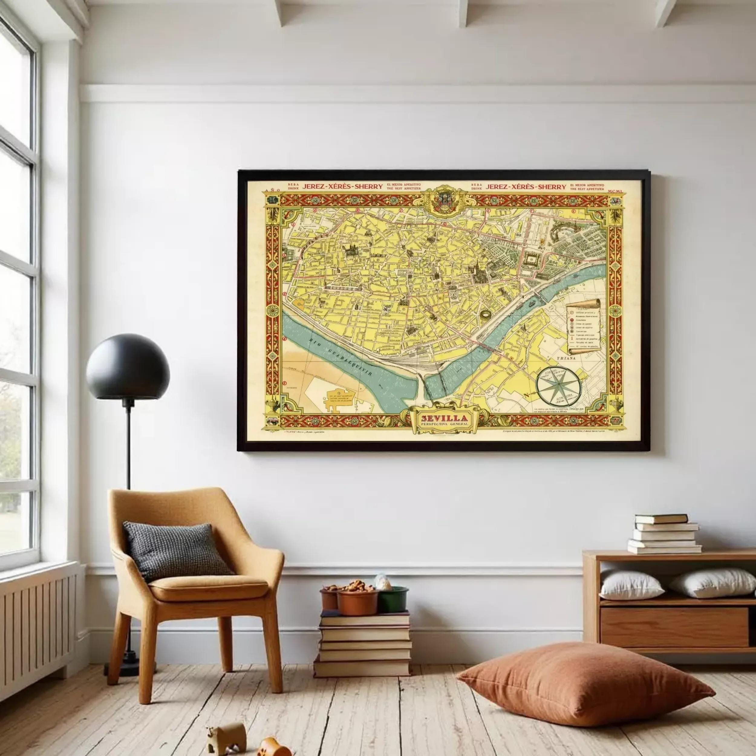 a large framed map of Seville, Spain, hanging on a white wall in a living room setting.