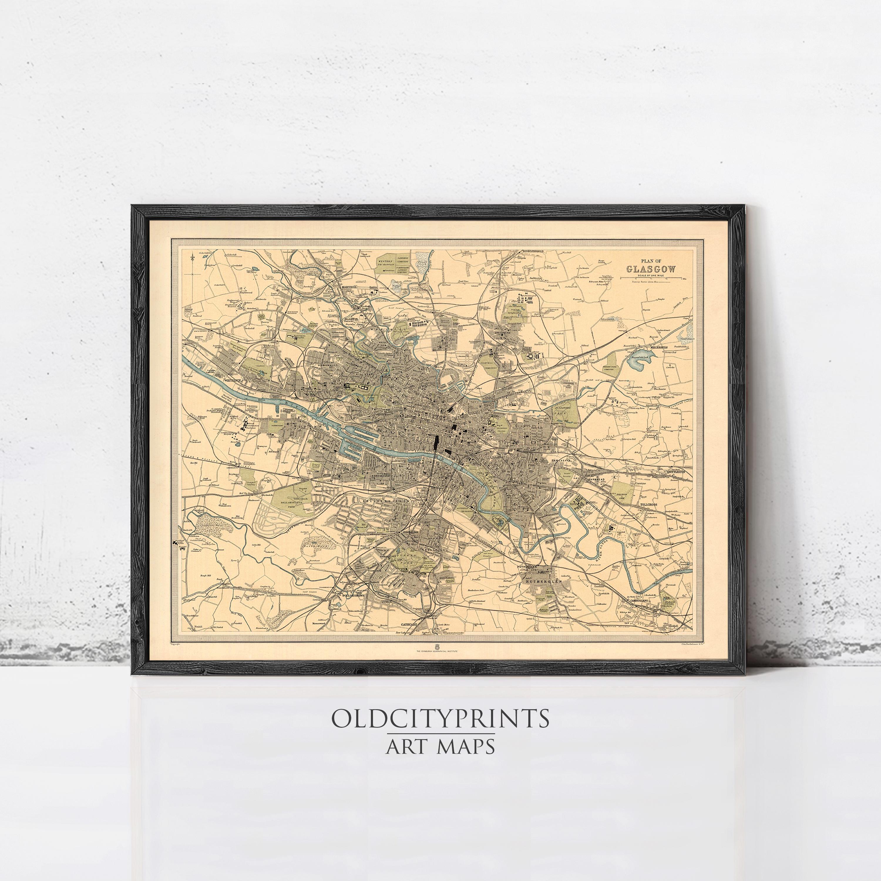 The image is a framed vintage map of Glasgow, Scotland, depicting the city's layout and surrounding areas.