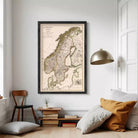The image is a framed map of Europe, specifically focusing on the Scandinavian region.