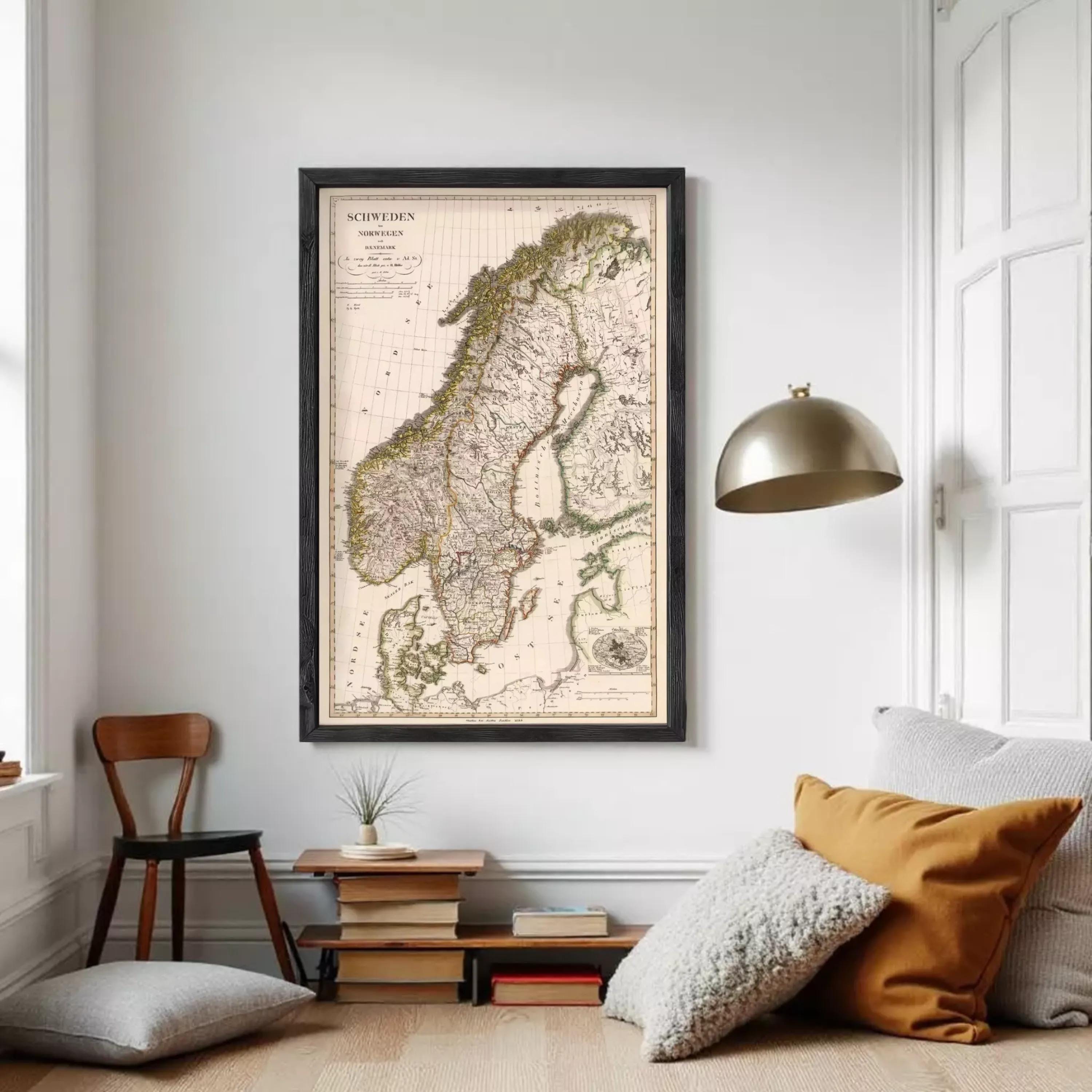 The image is a framed map of Europe, specifically focusing on the Scandinavian region.