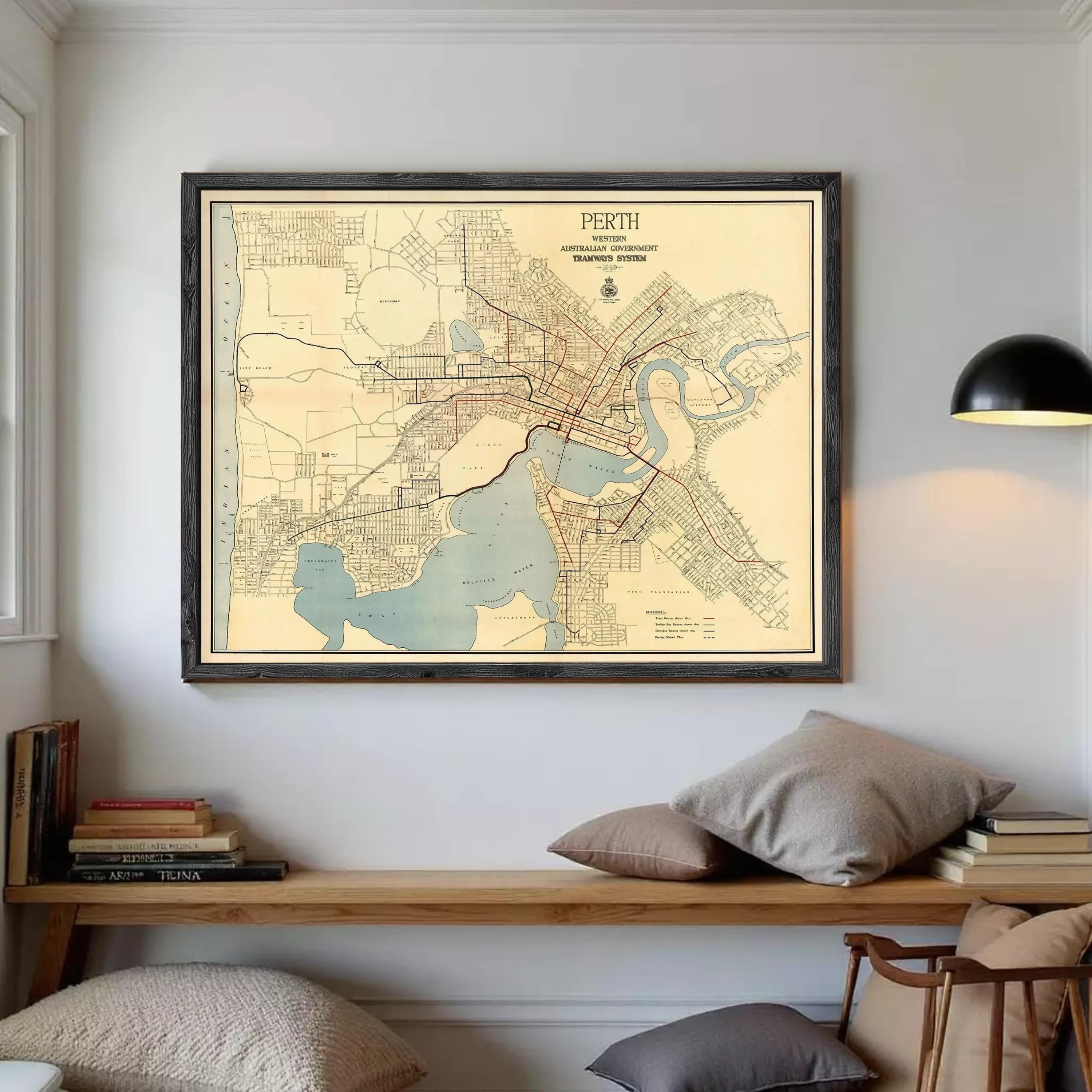 The image is a framed vintage map of the city of Perth, Australia, depicting the city's streets, waterways, and surrounding areas.
