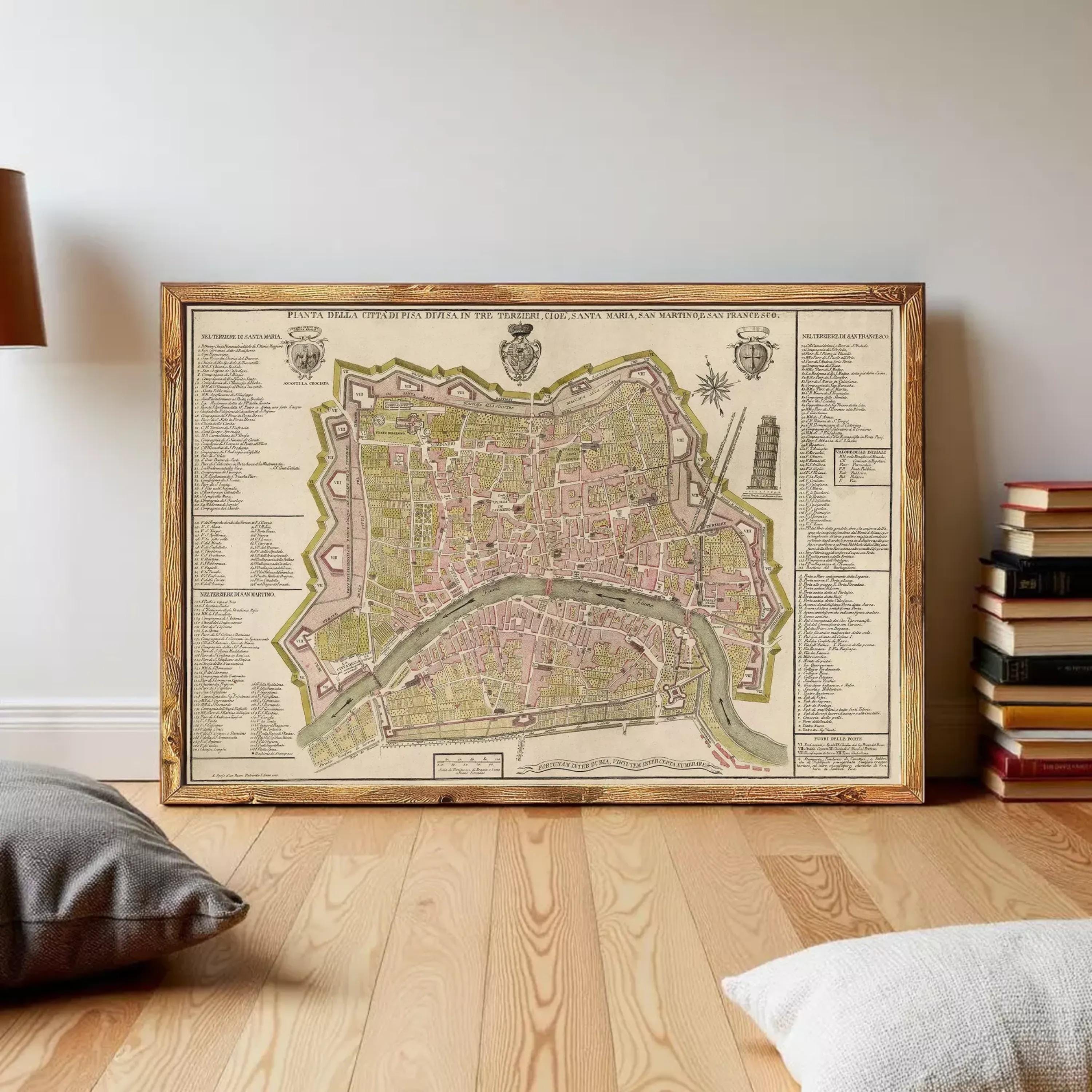 The image is a framed antique map of a city, likely from the 17th century, with detailed labels and illustrations.