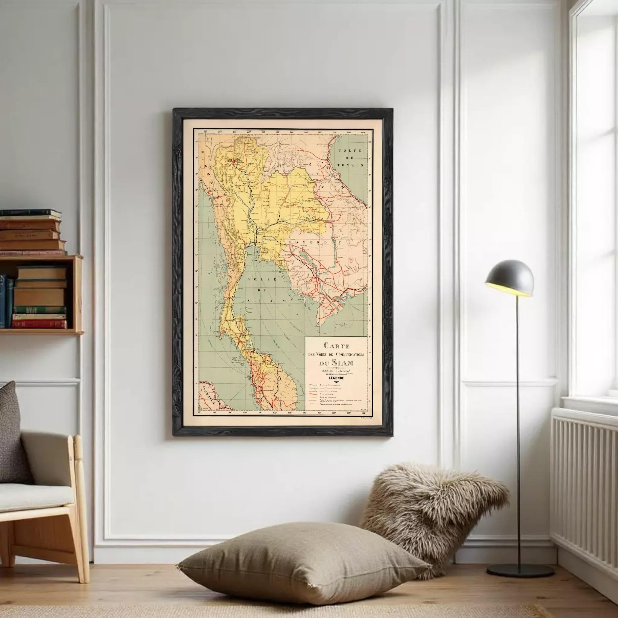 The image is a framed vintage map of Thailand, showing the country's geographical layout and boundaries.