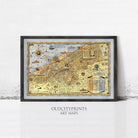 The image is a framed art map of Cleveland, Ohio, depicting various landmarks and locations within the city.