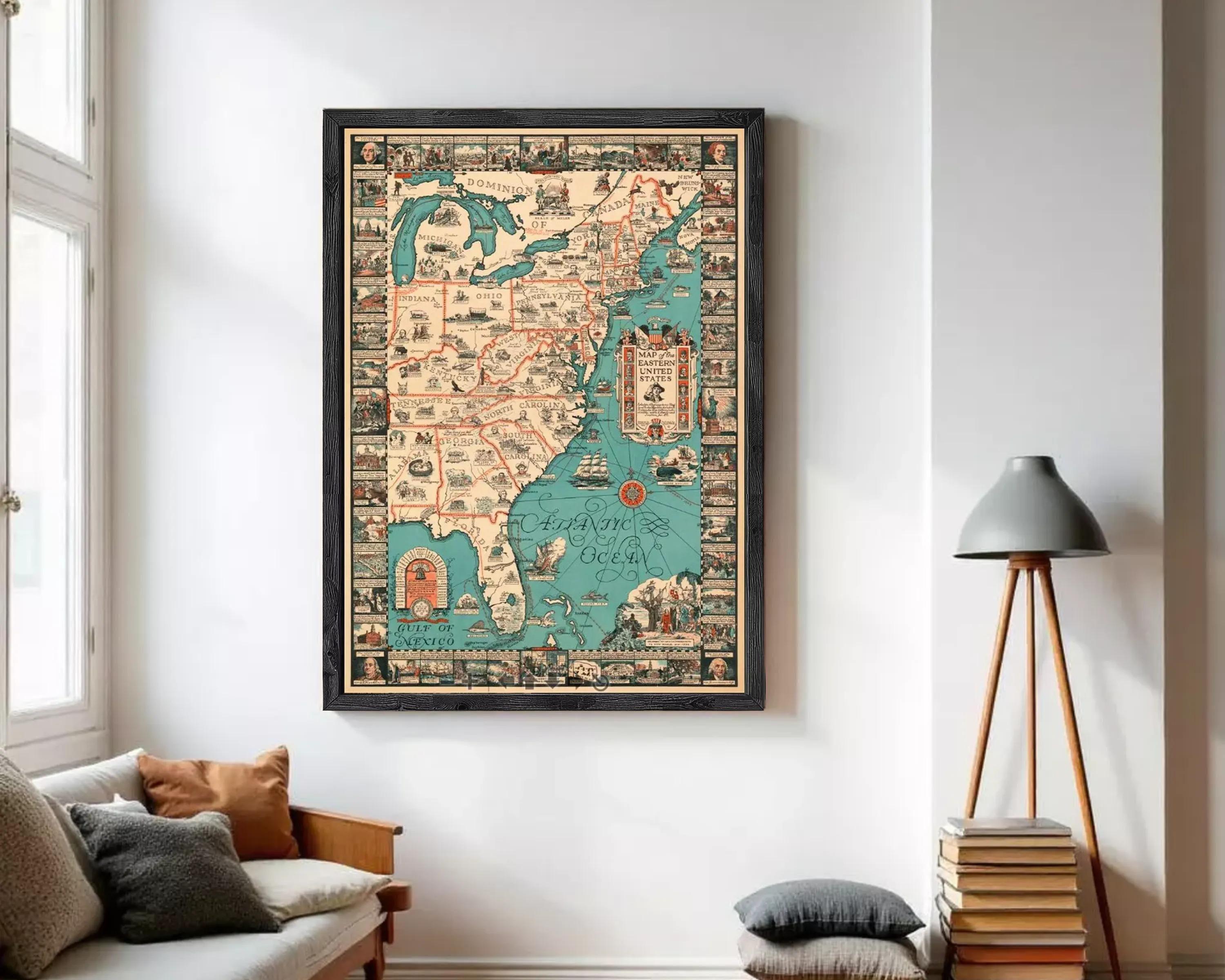 The image is a framed vintage map of the United States, depicting various states and regions in a detailed and colorful manner.