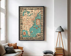 The image is a framed vintage map of the United States, depicting various states and regions in a detailed and colorful manner.