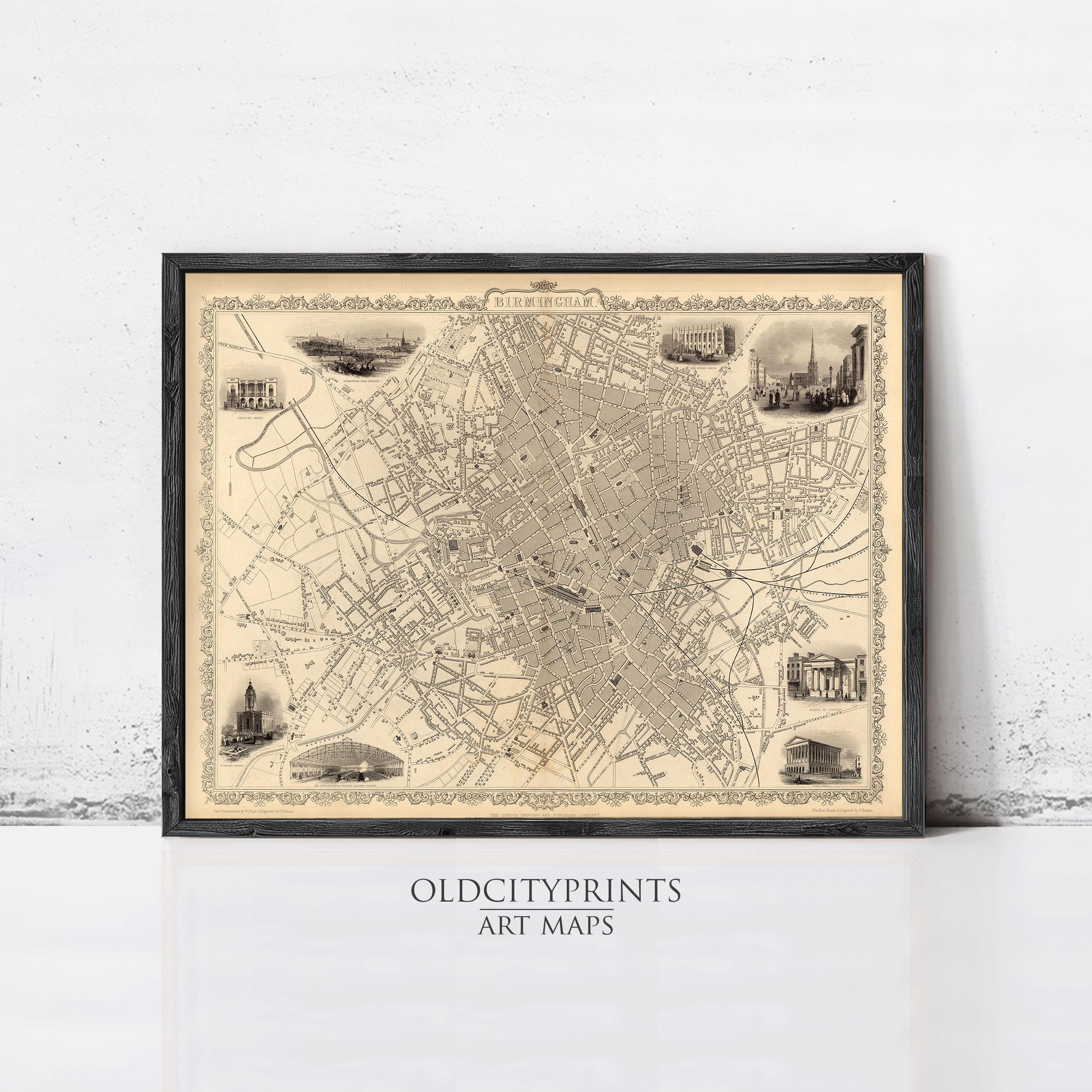 The image is a framed vintage map of a city, featuring various landmarks and streets.