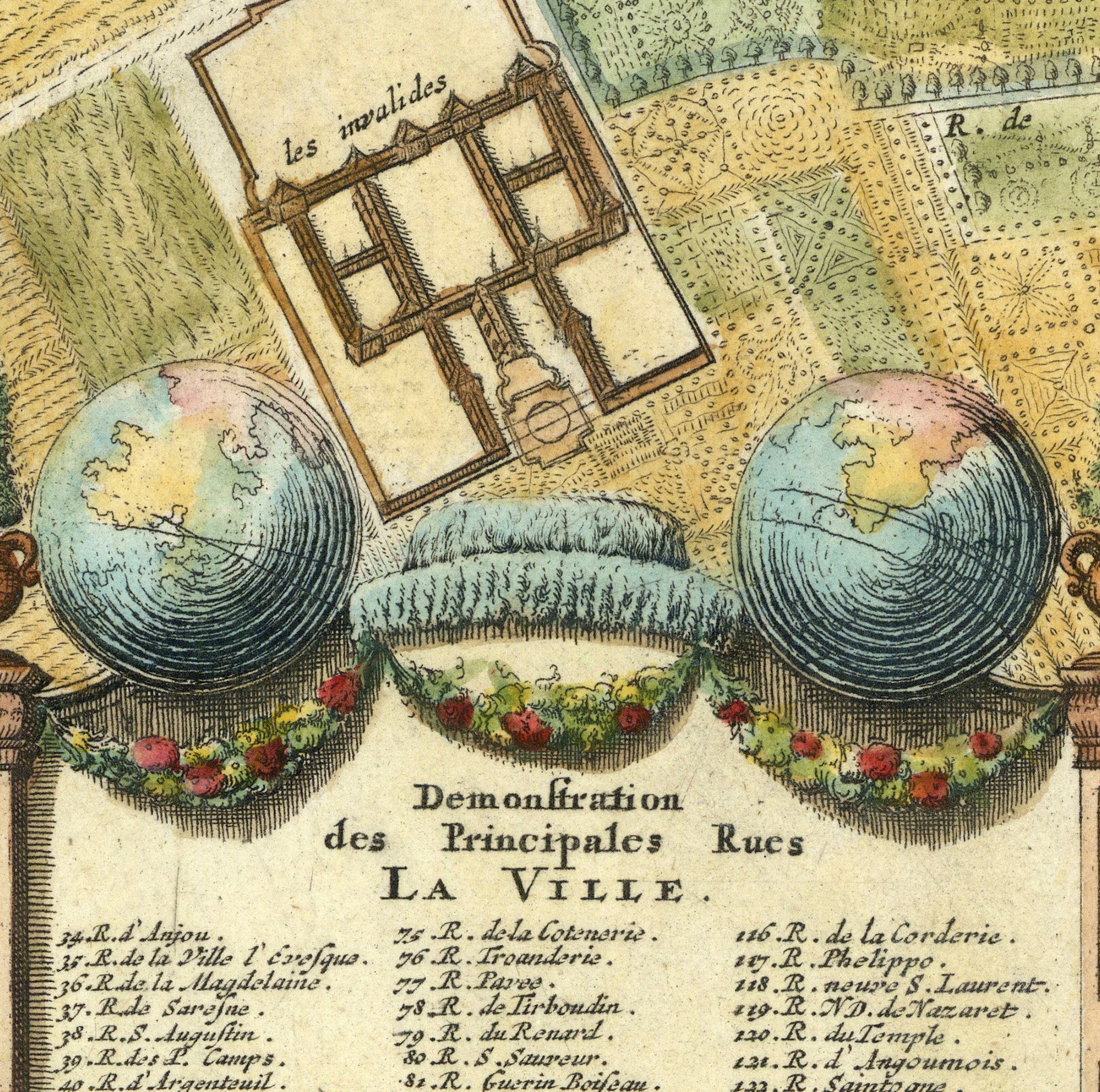 The image is a historical map of France, depicting a palace and a globe. It includes a detailed illustration of the palace and a detailed illustration of the globe. The text at the bottom of the image reads " demonstration des Principales Rues la Ville."