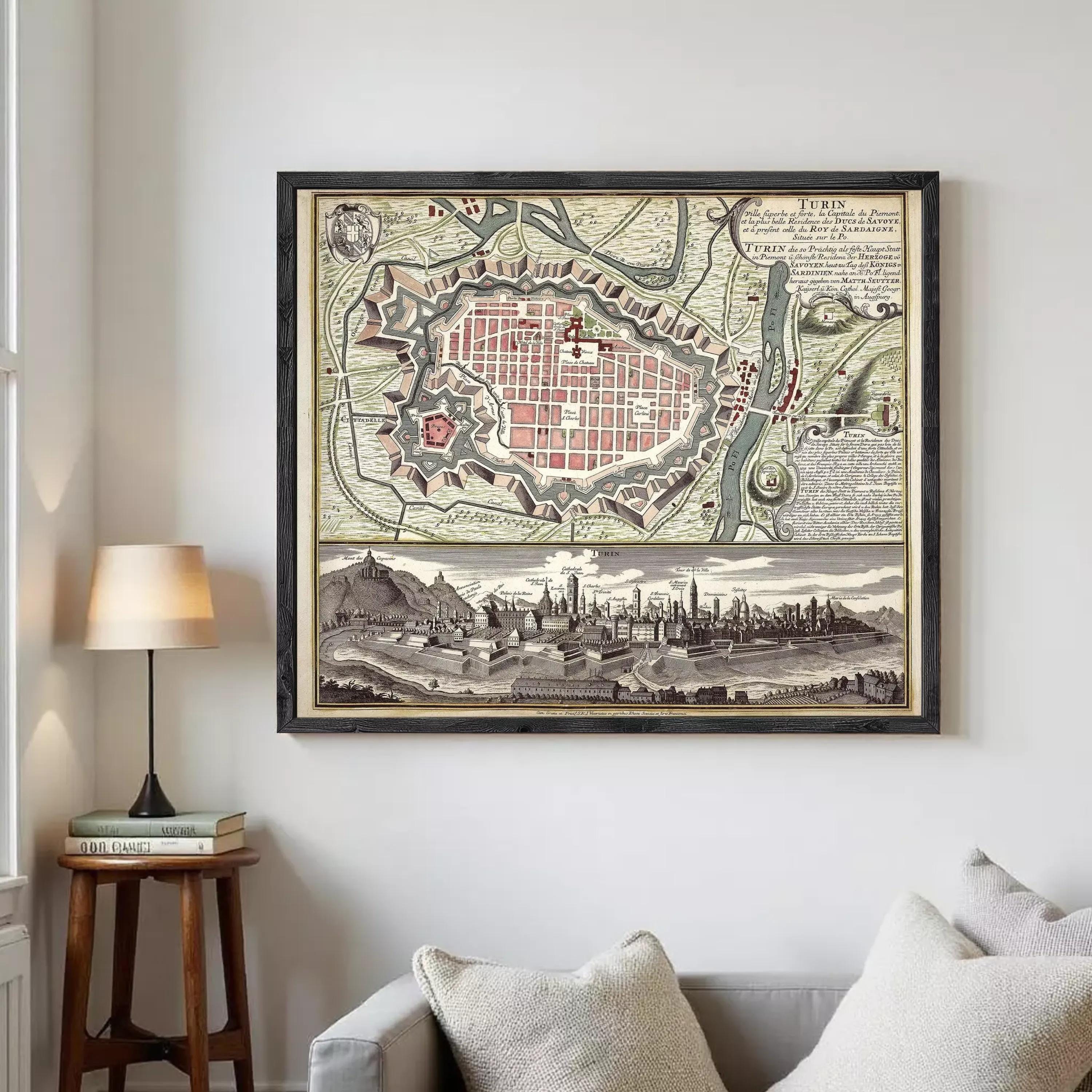The image is a framed vintage map of Turin, Italy, depicting the city's layout and surrounding areas.