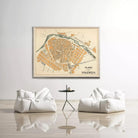 a large map of the city of Valencia hanging on a wall, with two white bean bag chairs positioned in front of it.