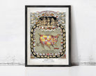 The image is a framed vintage map of the United States, depicting a detailed and colorful illustration of the country.
