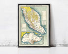 The image is a framed vintage map of Malaysia, showing the country's geographical layout and surrounding areas.