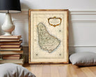 The image is a framed map of the Caribbean island of Barbados, showing its geographical location and surrounding areas.