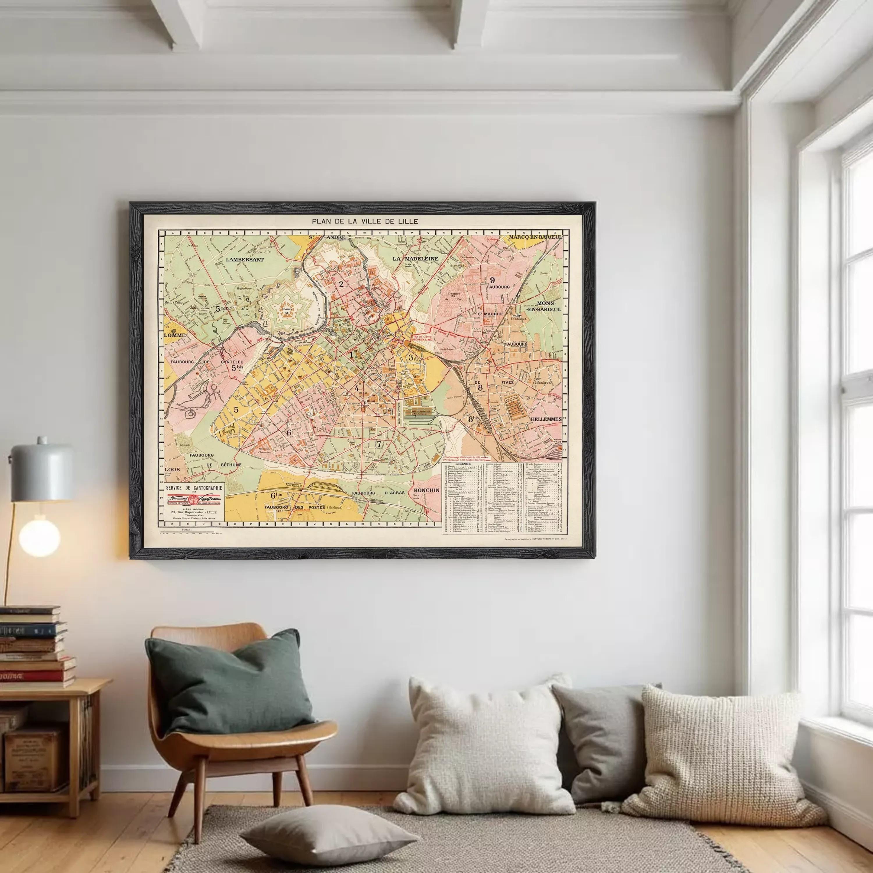 The image is a framed vintage map of Paris, France, depicting the city's streets and landmarks.
