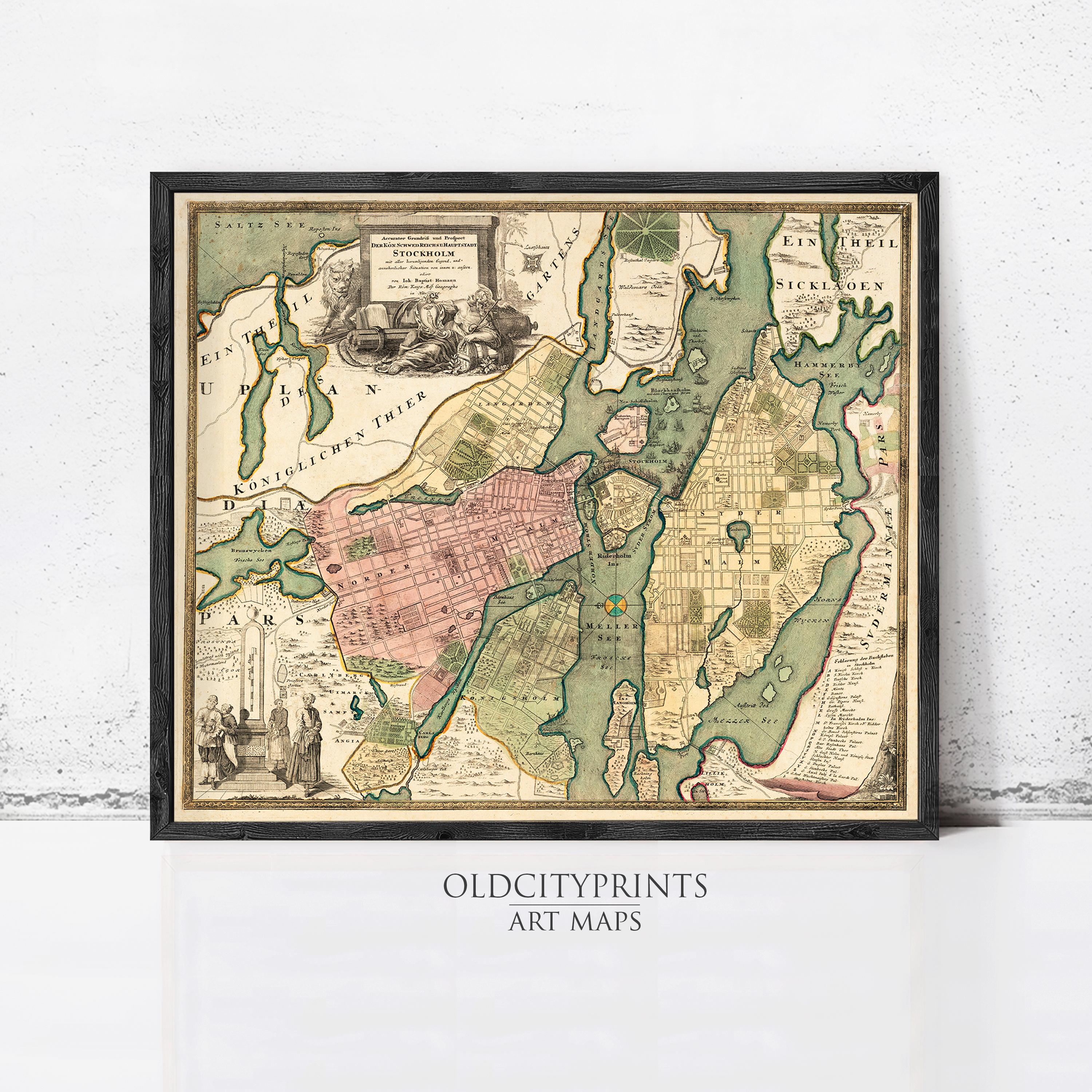 The image is a framed antique map of a city, likely from the 17th century, with detailed illustrations and labels.