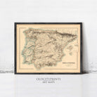 The image is a framed vintage map of Spain and Portugal, with the text "OldCityprints ART MAPS" at the bottom.