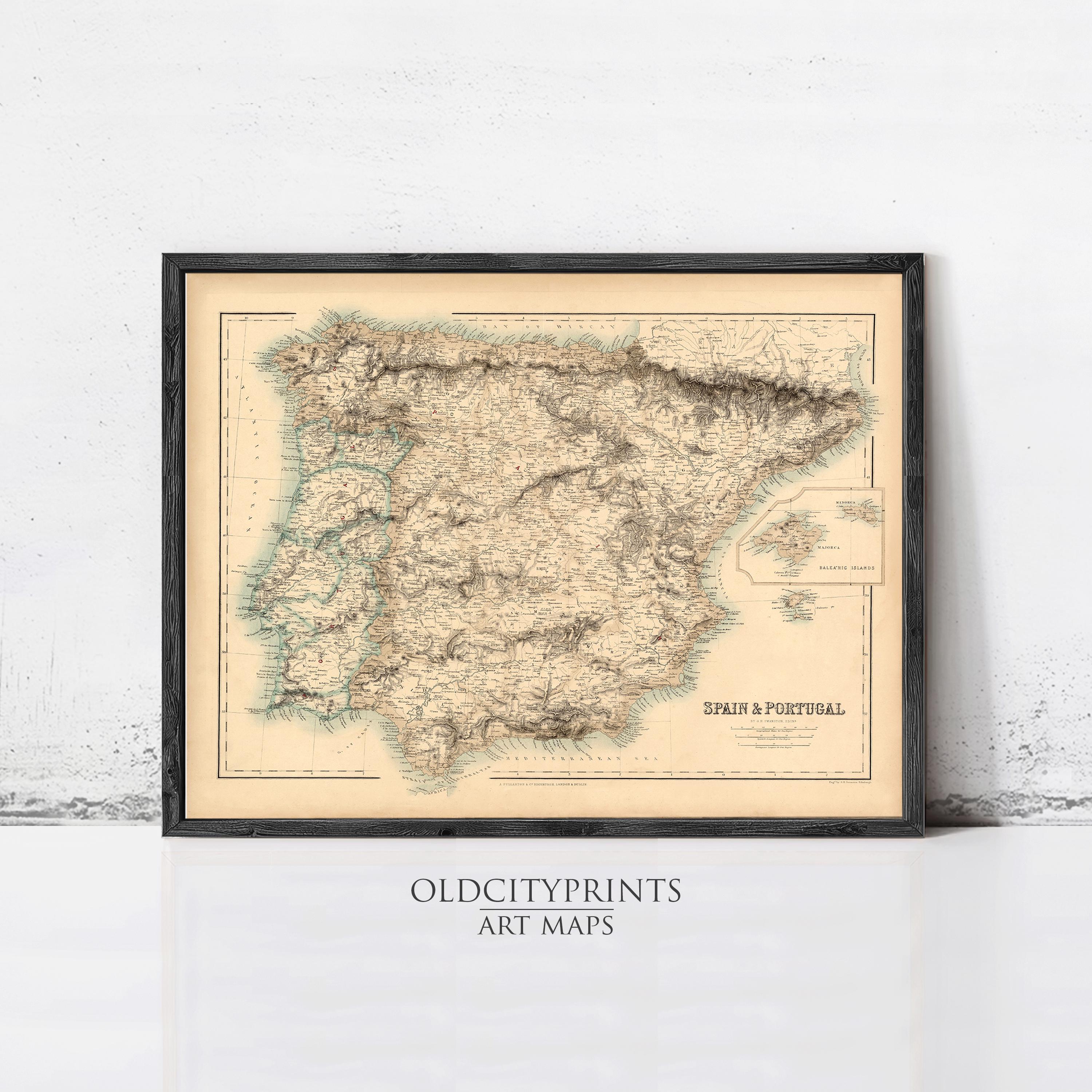 The image is a framed vintage map of Spain and Portugal, with the text "OldCityprints ART MAPS" at the bottom.