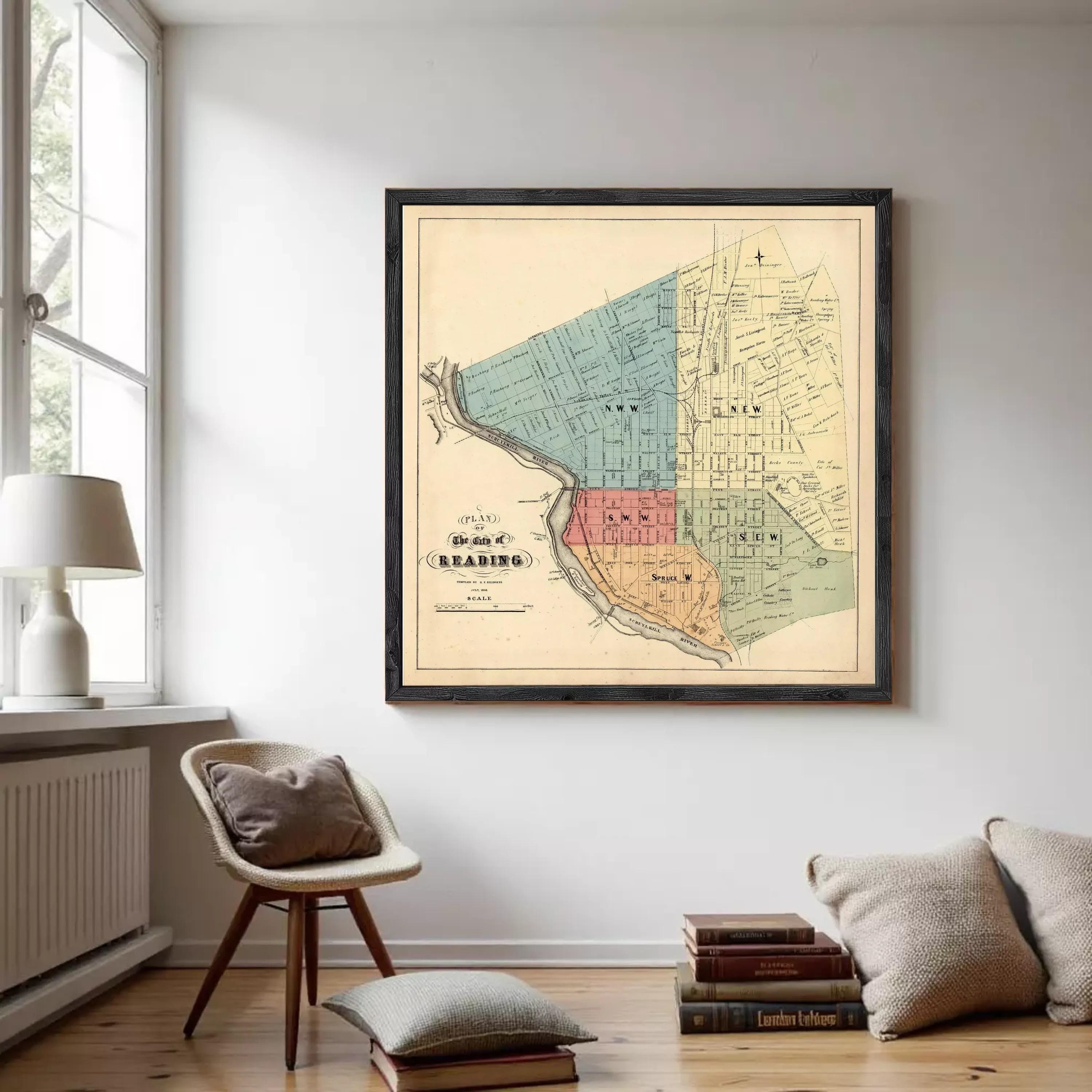 The image is a framed vintage map of Reading, Massachusetts, depicting the city's layout and boundaries.