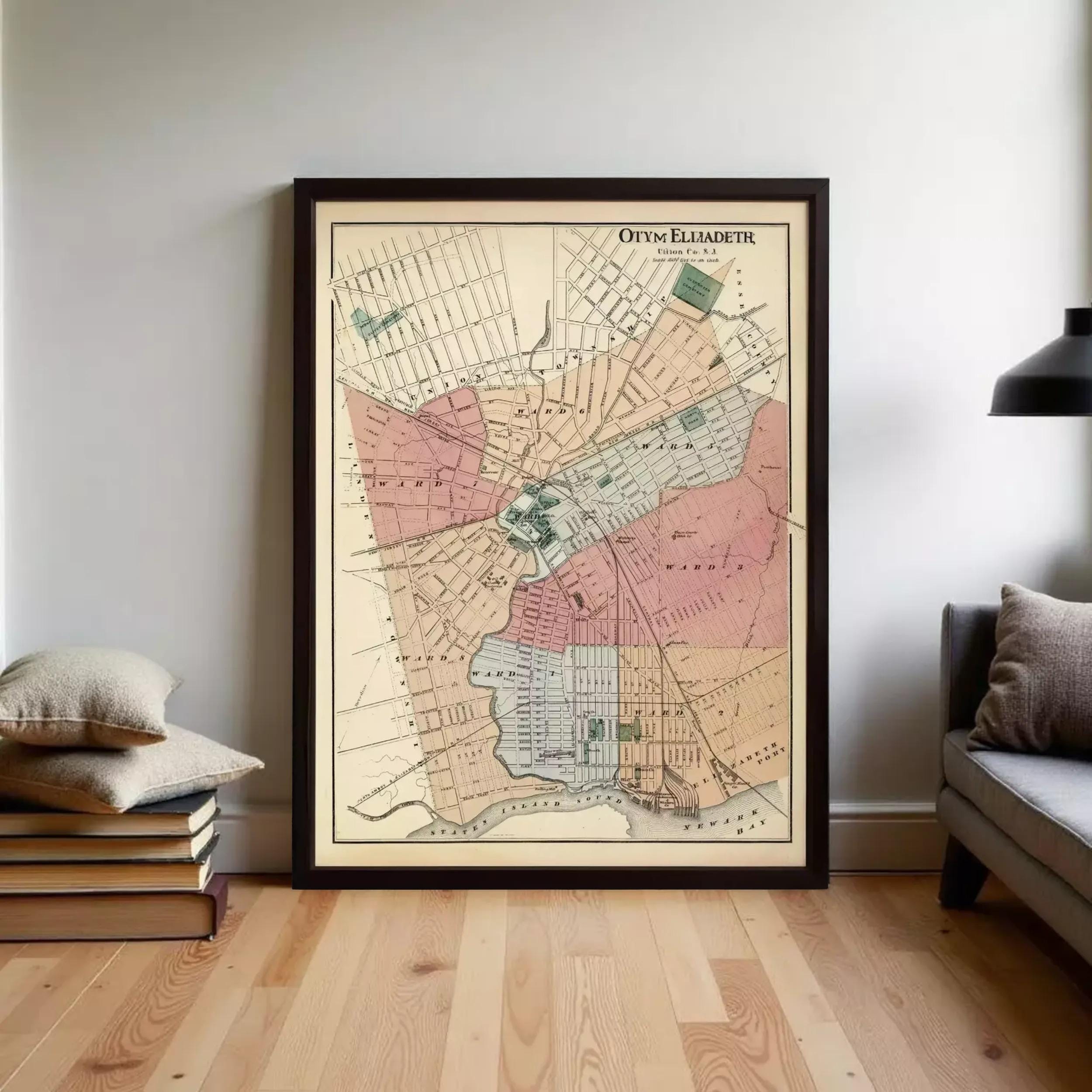 a large framed map of a city, with a wooden floor and a couch in the background.