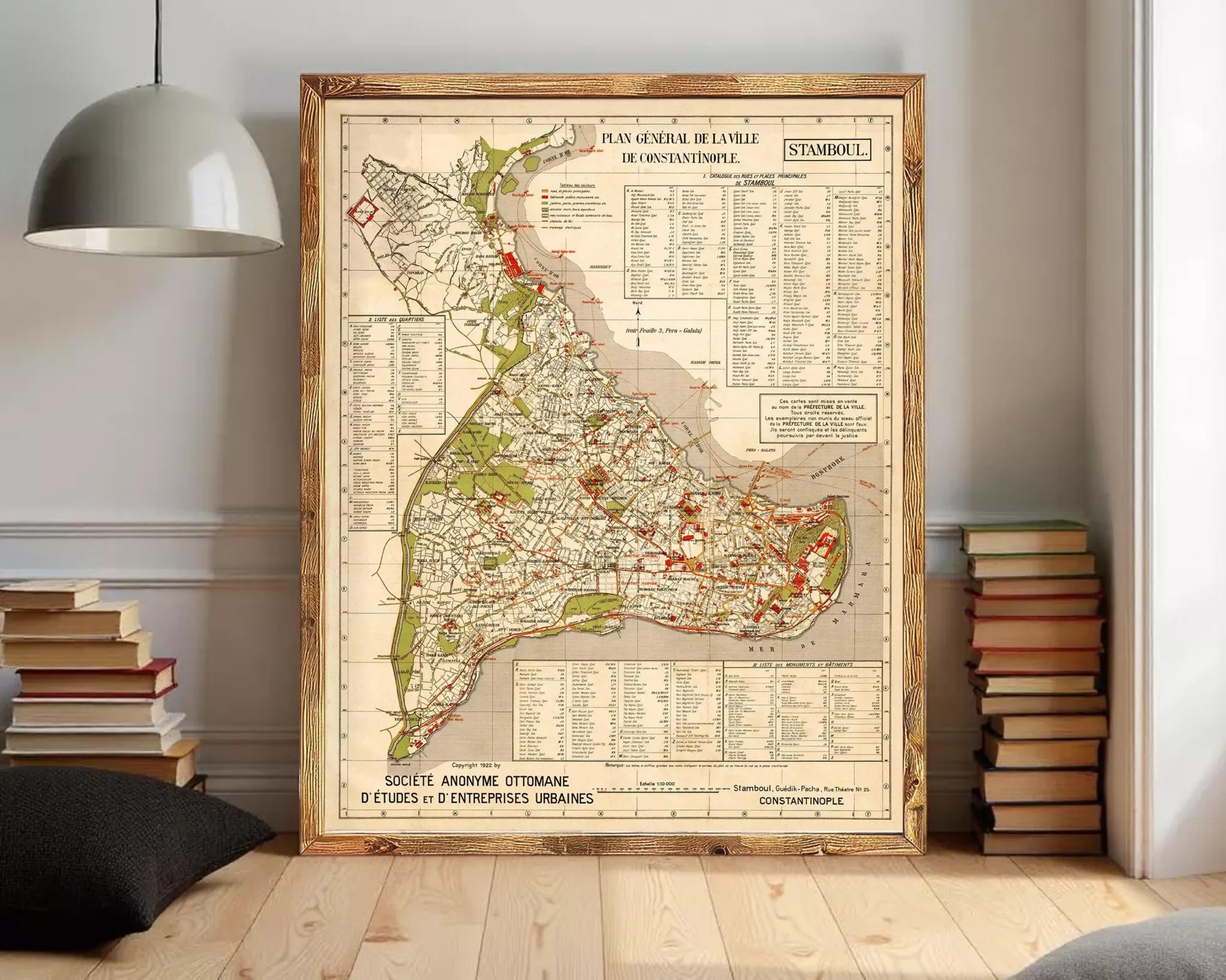 The image is a framed vintage map of Istanbul, Turkey, depicting the city's streets and landmarks.