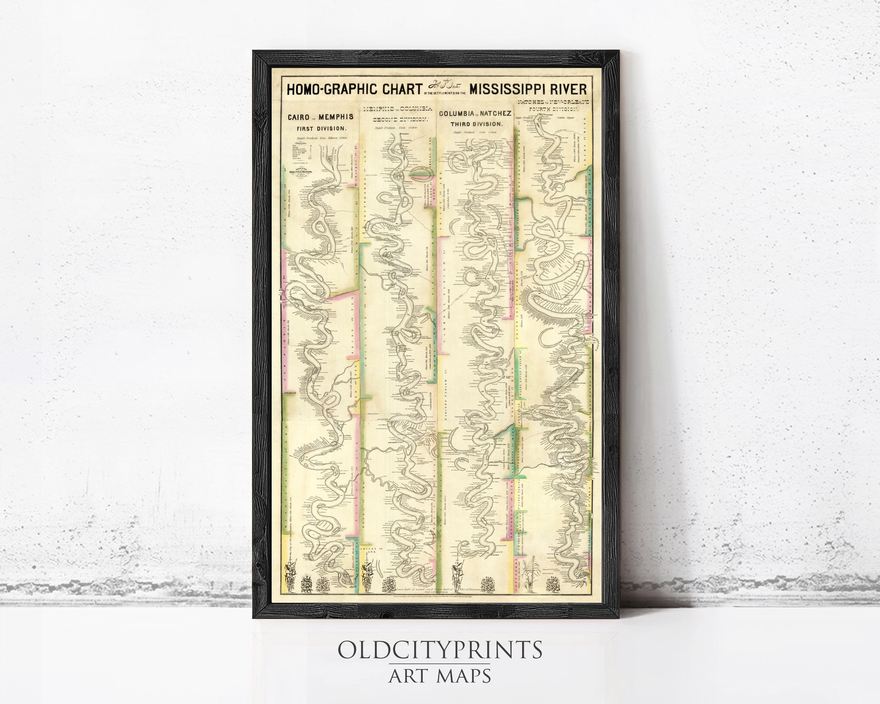 The image is a framed vintage map of the Mississippi River, featuring detailed illustrations of the river's course and surrounding areas.