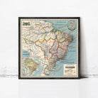 The image is a framed vintage map of Brazil, showing the country's geographical layout and surrounding regions.
