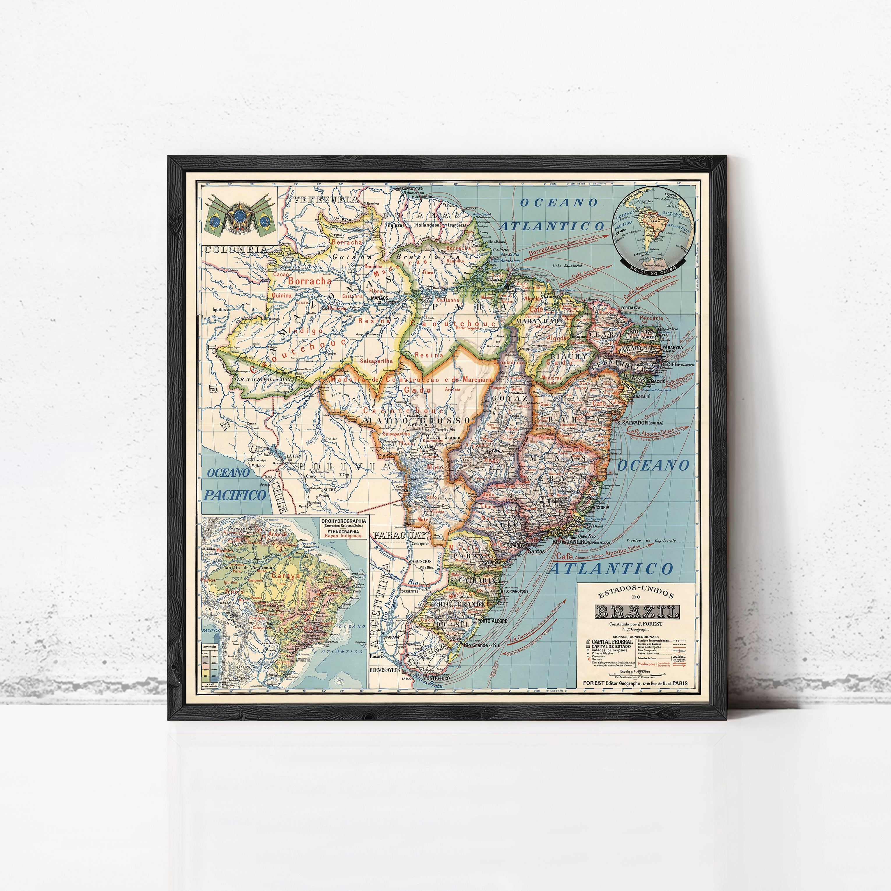 The image is a framed vintage map of Brazil, showing the country's geographical layout and surrounding regions.
