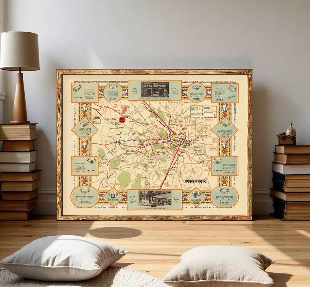 The image is a framed vintage map of London, featuring various landmarks and transportation routes.