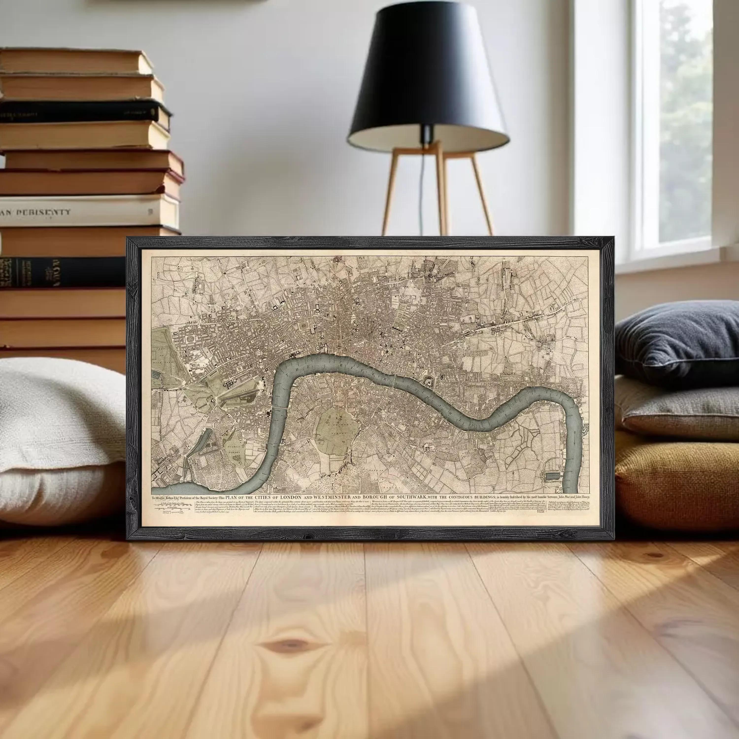 The image is a framed map of London, England, depicting the city's layout and surrounding areas.