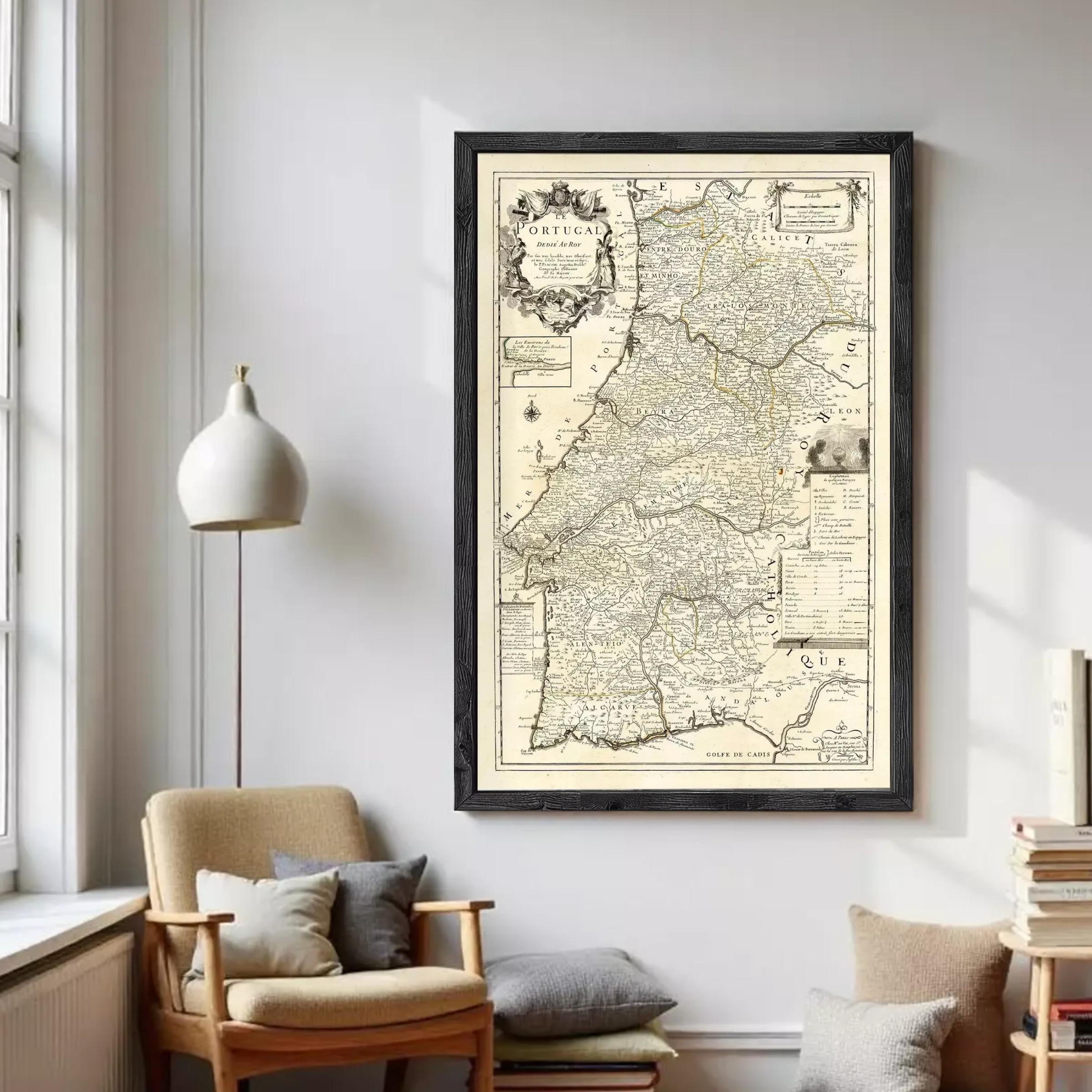 The image is a framed antique map of Spain, featuring detailed geographical information and labels.