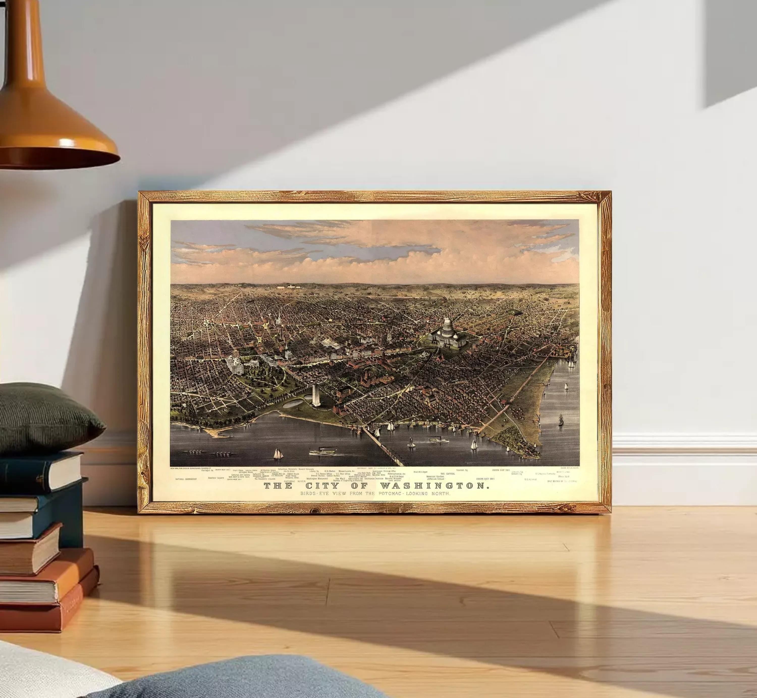 The image is a framed vintage map of Washington, D.C., depicting the city's layout and surrounding areas.