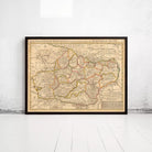 The image is a framed vintage map of a region, likely a country or region, with detailed geographical markings and labels.