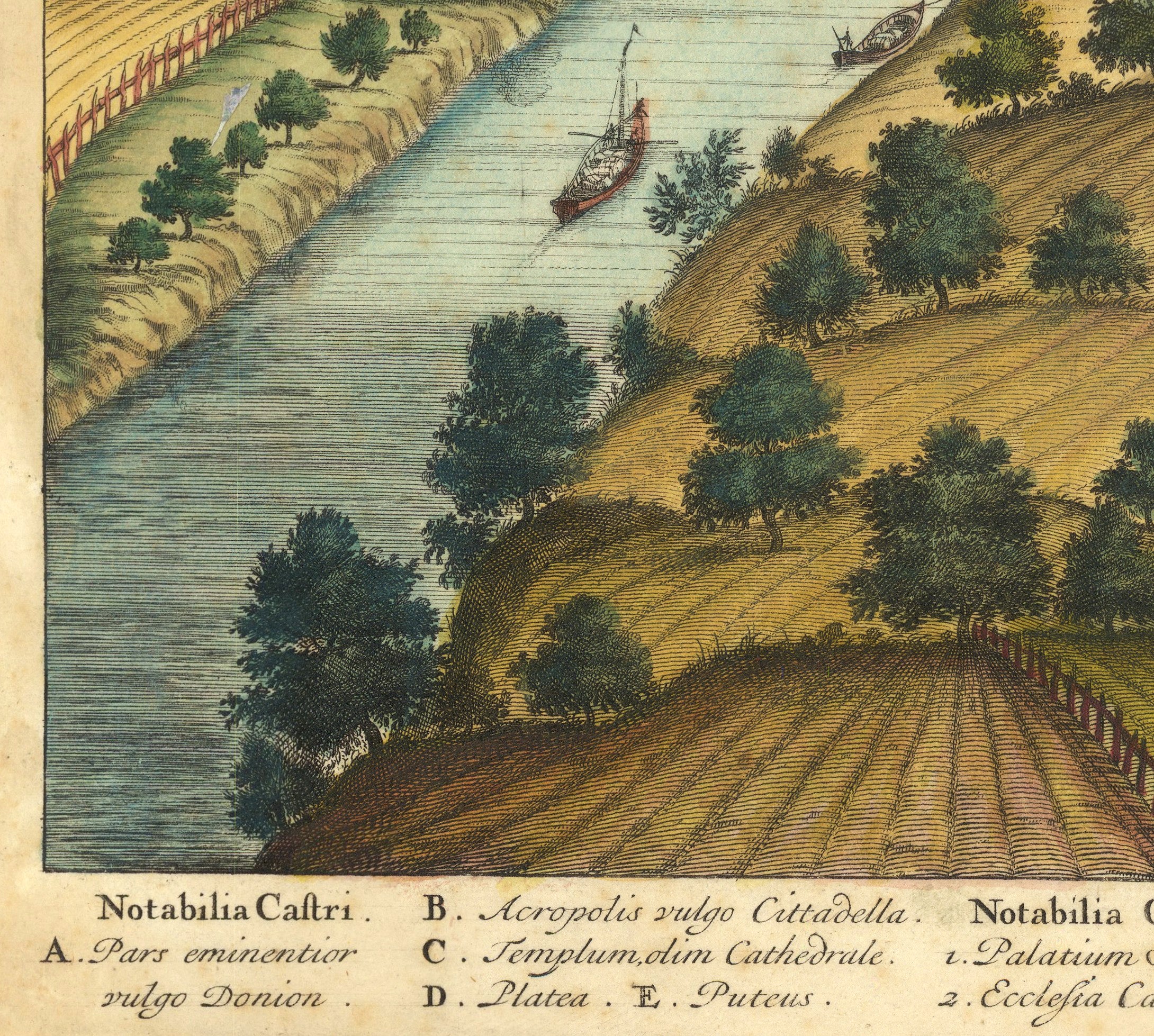 The image is a detailed illustration of a landscape with a river, trees, and a boat. It appears to be a historical or artistic representation of a rural or countryside setting.