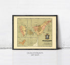 The image is a framed vintage map of the world, depicting the coastlines of various countries and regions.
