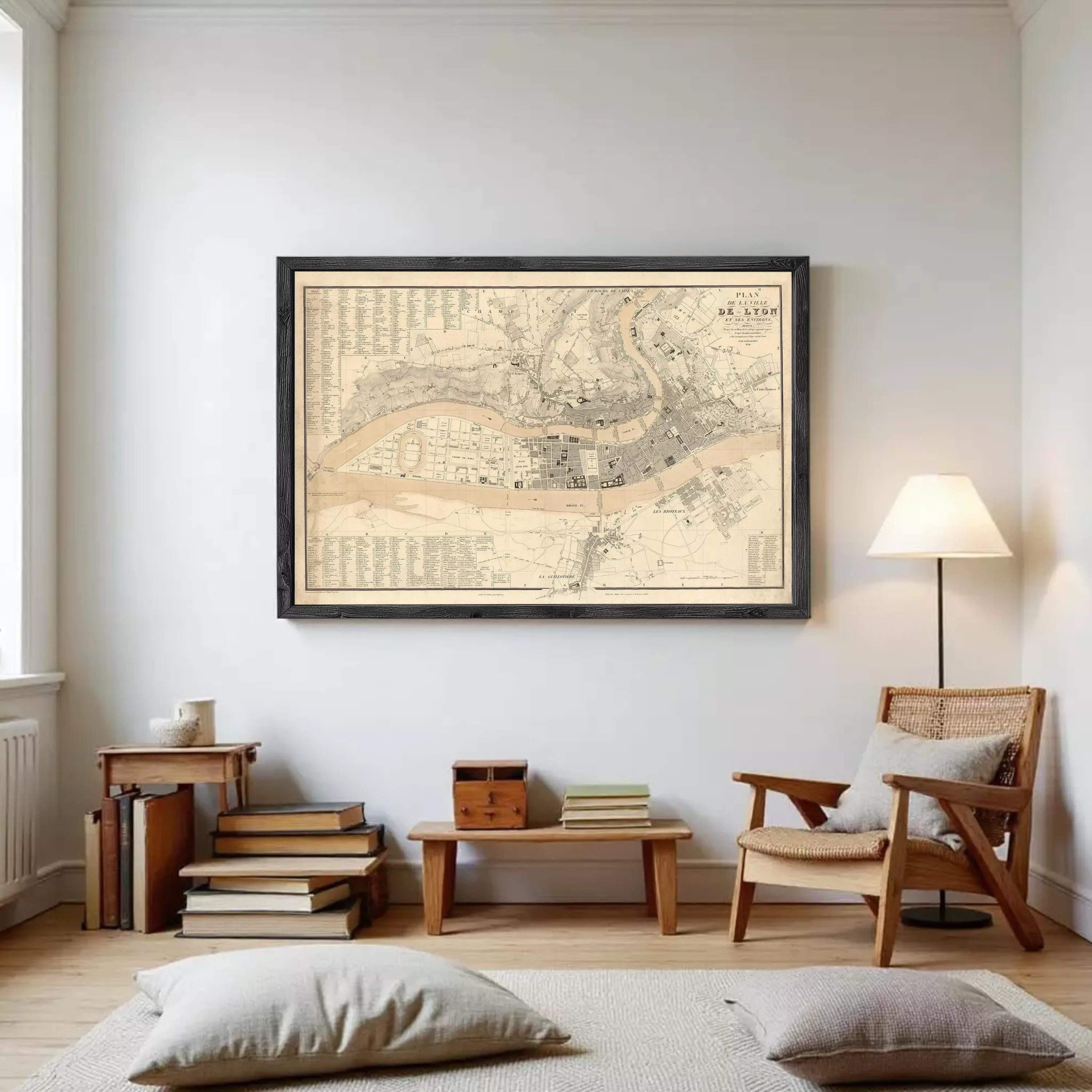 The image is a framed map of a city, likely London, with detailed street names and landmarks.