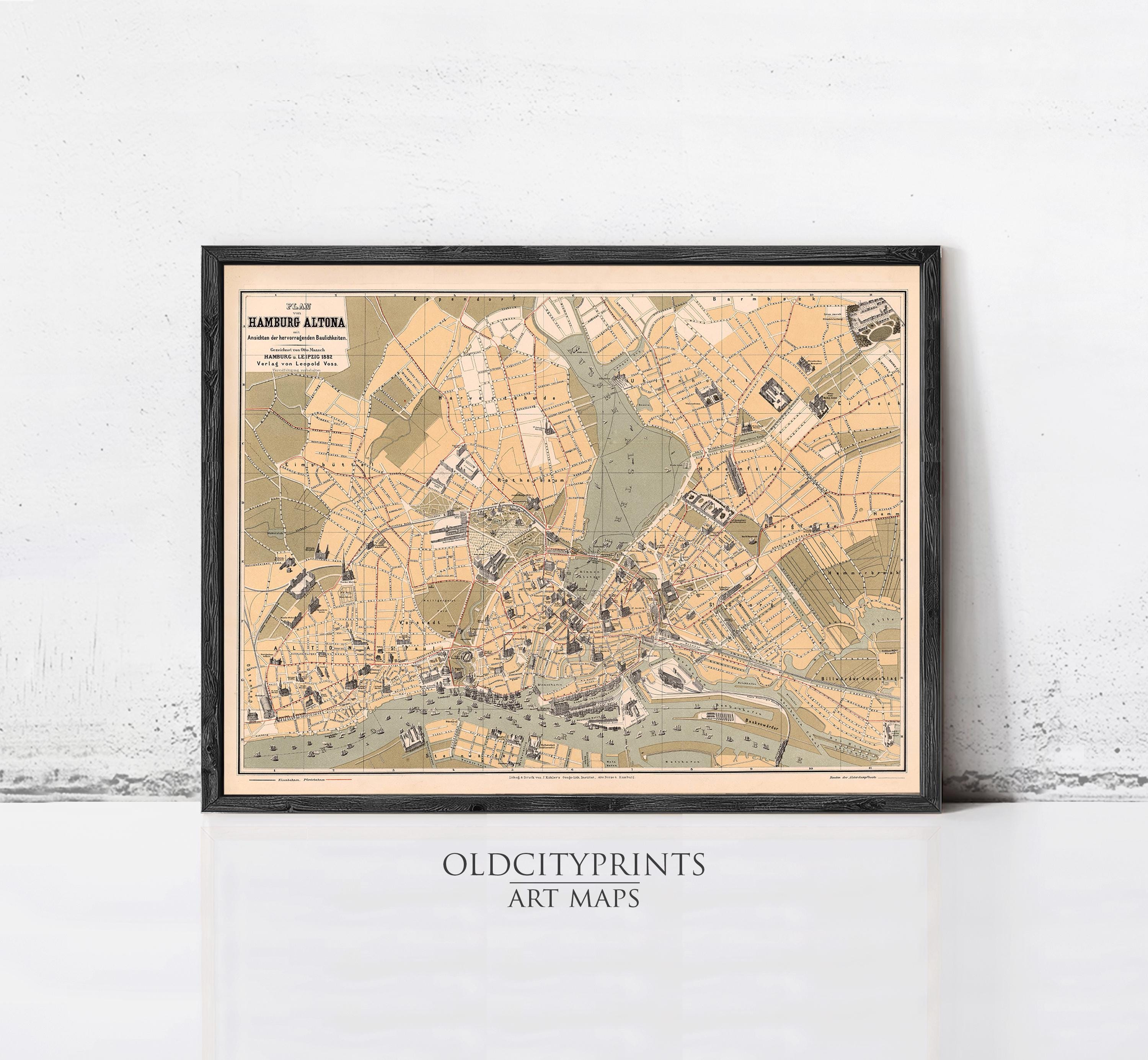 The image is a framed vintage map of Hamburg, Germany, depicting the city's streets, landmarks, and surrounding areas.