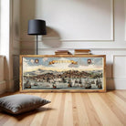 The image is a framed painting depicting a cityscape with ships and boats in the water.