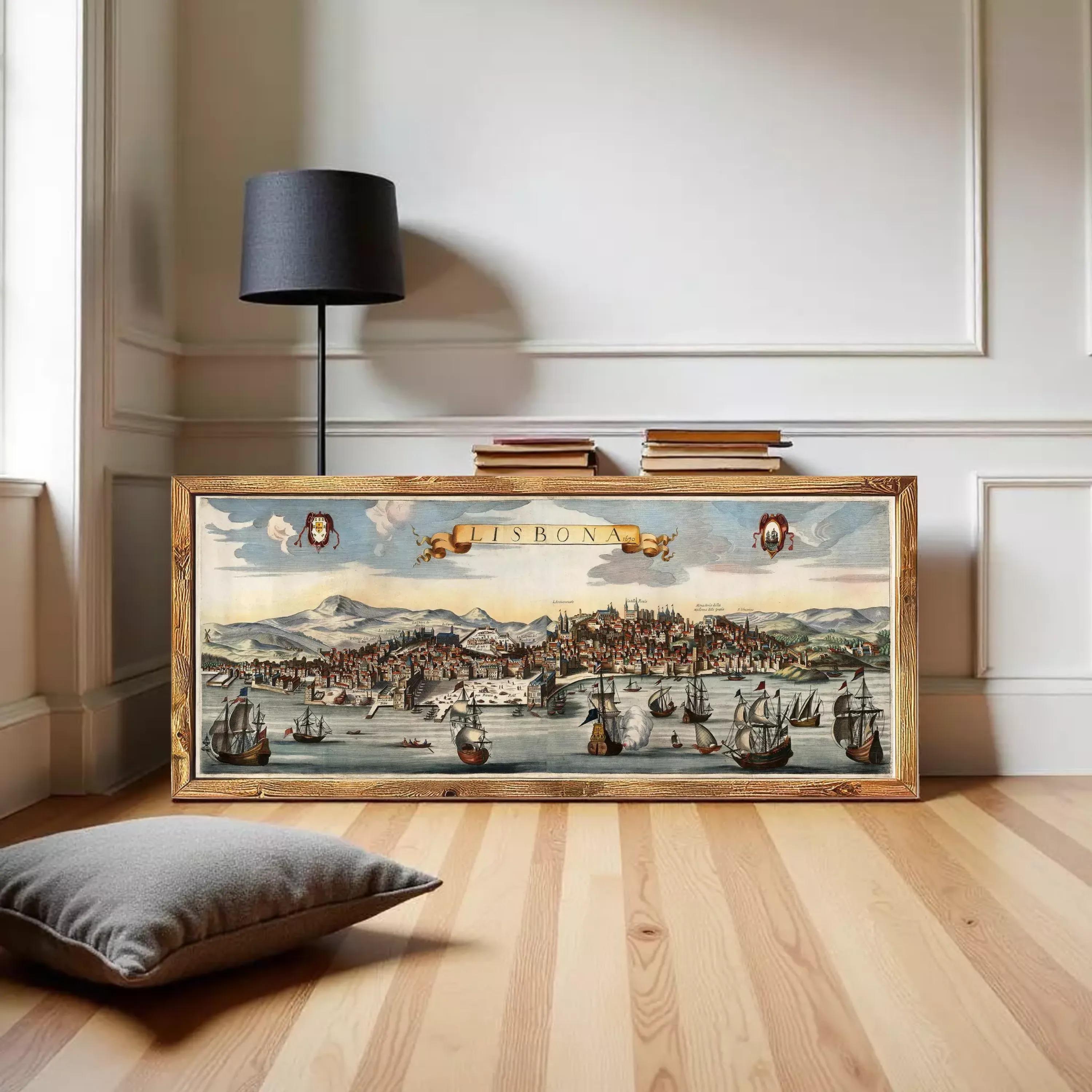 The image is a framed painting depicting a cityscape with ships and boats in the water.
