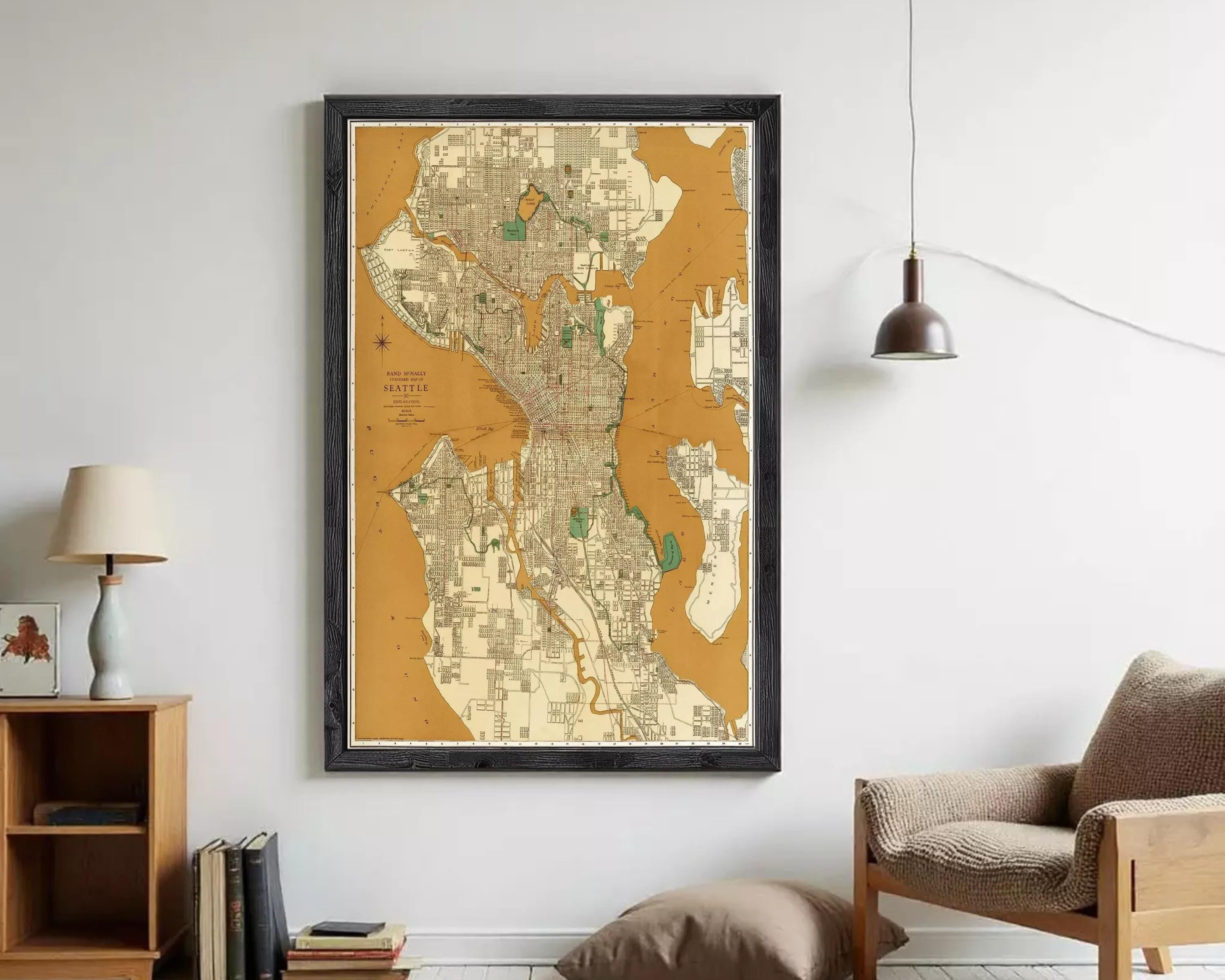 The image is a framed map of Seattle, Washington, with a yellow and brown color scheme.