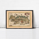 The image is a framed vintage map of Iceland, featuring detailed illustrations and labels.