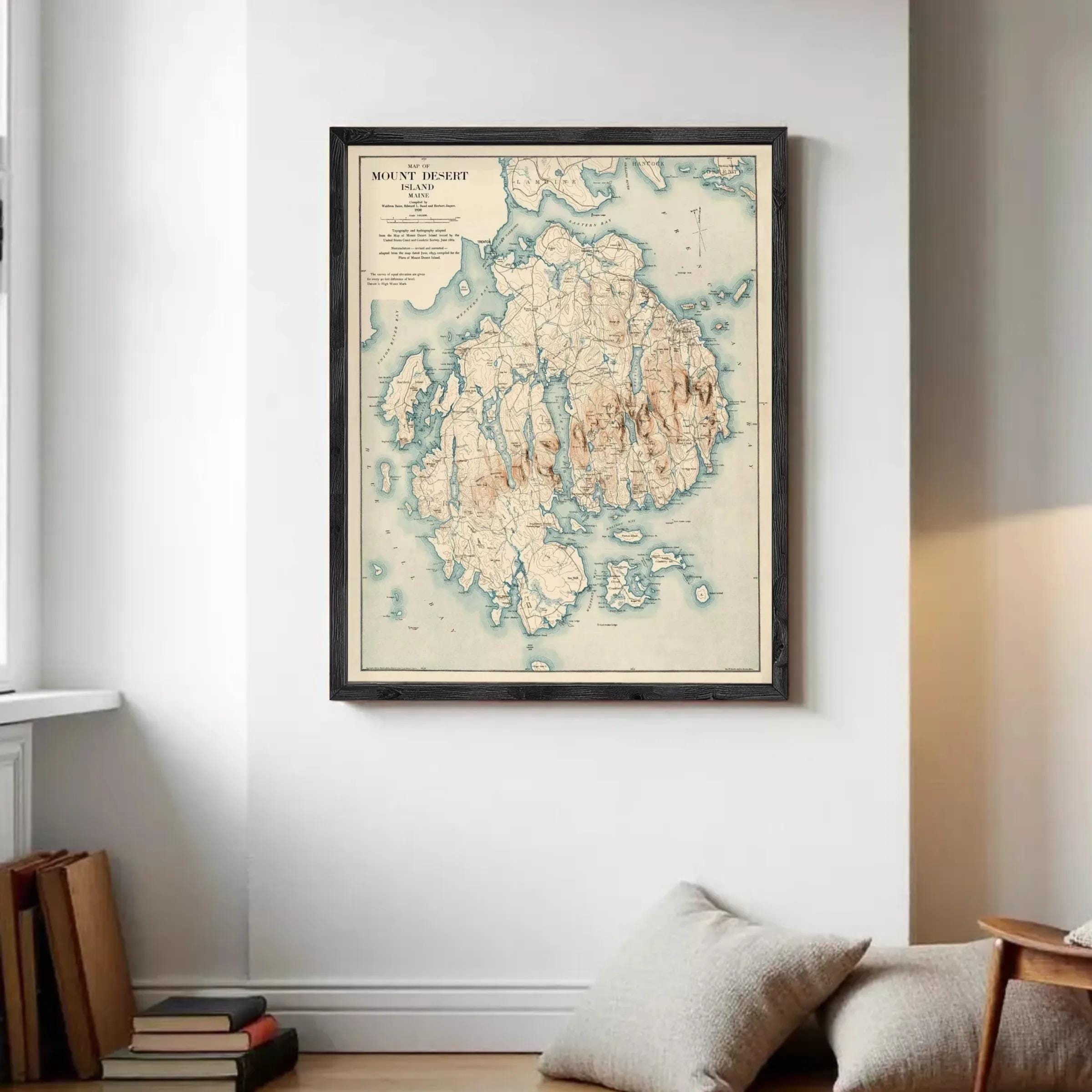 The image is a framed vintage map of Mount Desert Island, Maine, depicting the island's geographical features and surrounding areas.