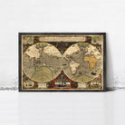 The image is a framed vintage map of the world, depicting the continents and oceans in a detailed and intricate manner.