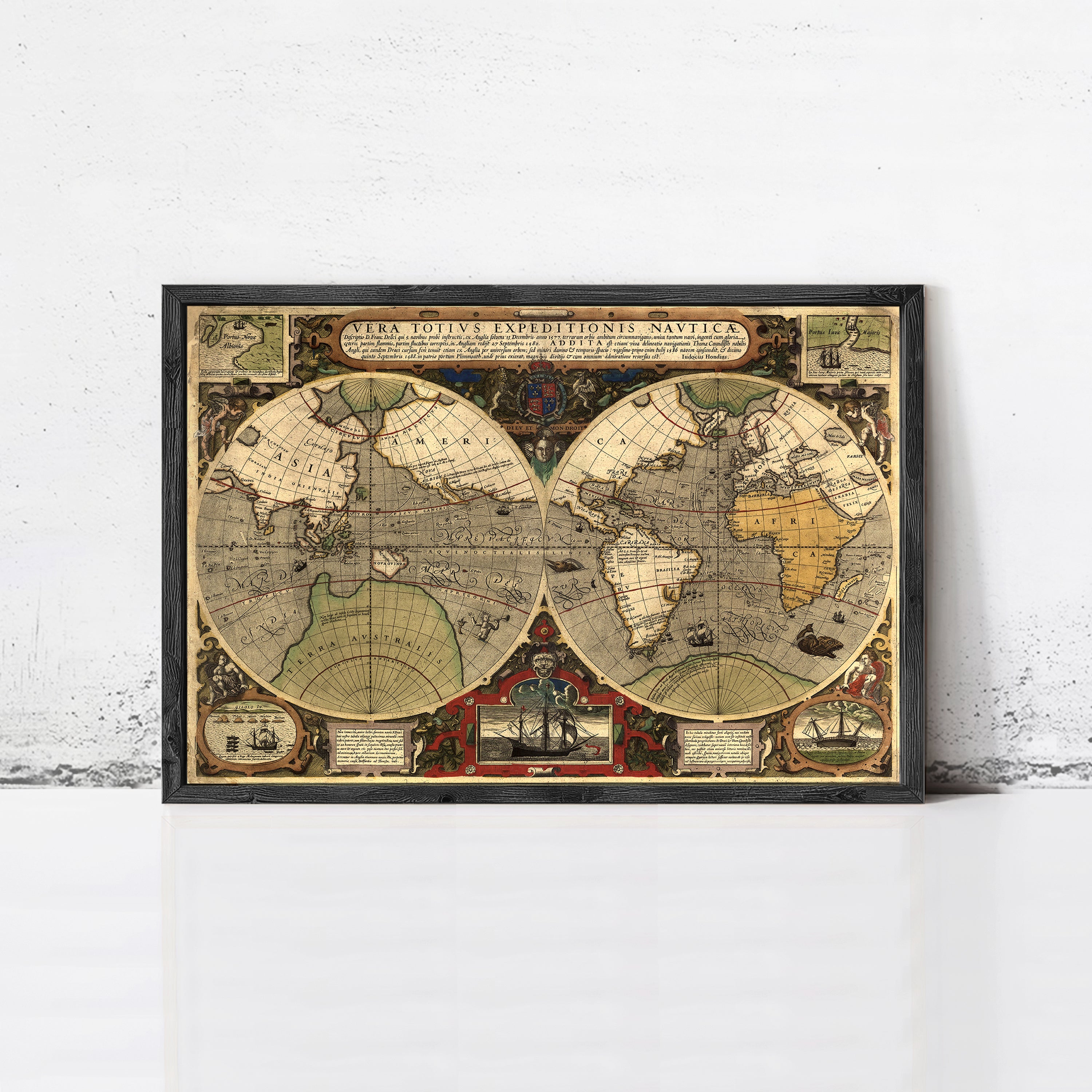 The image is a framed vintage map of the world, depicting the continents and oceans in a detailed and intricate manner.