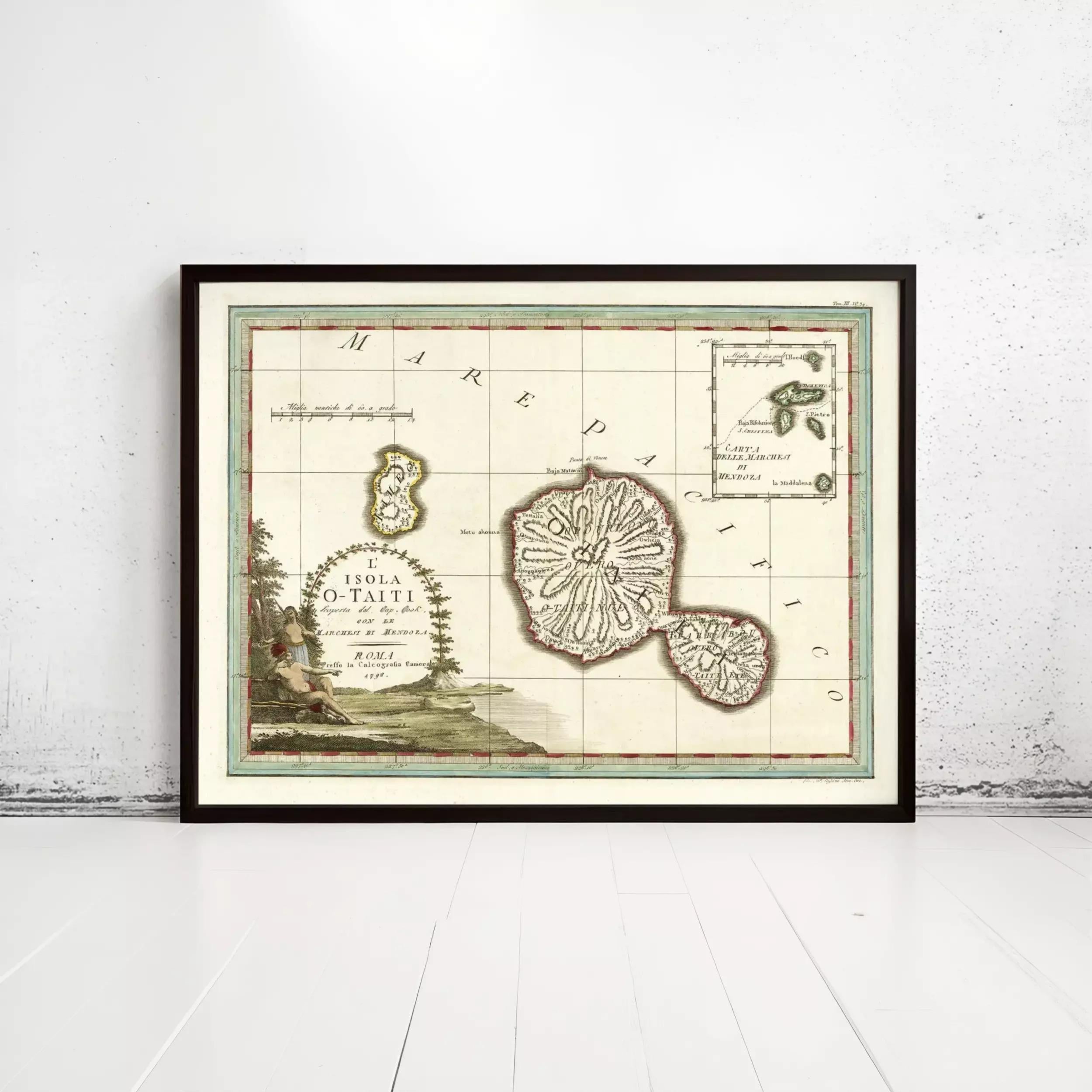 The image is a framed antique map of the island of Isola De' Medici, showing the surrounding areas and geographical features.