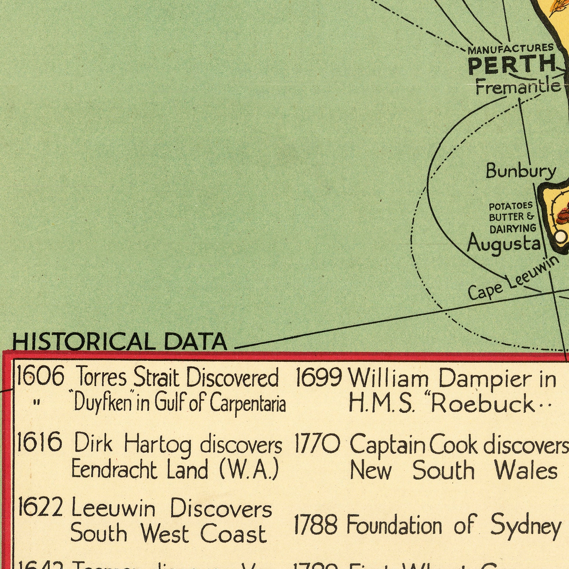 The image is a historical map showing the discovery of various locations, including a discovery of a strait in 1606, a captain discovering a new land in 1622, and a captain discovering a new land in 1622.