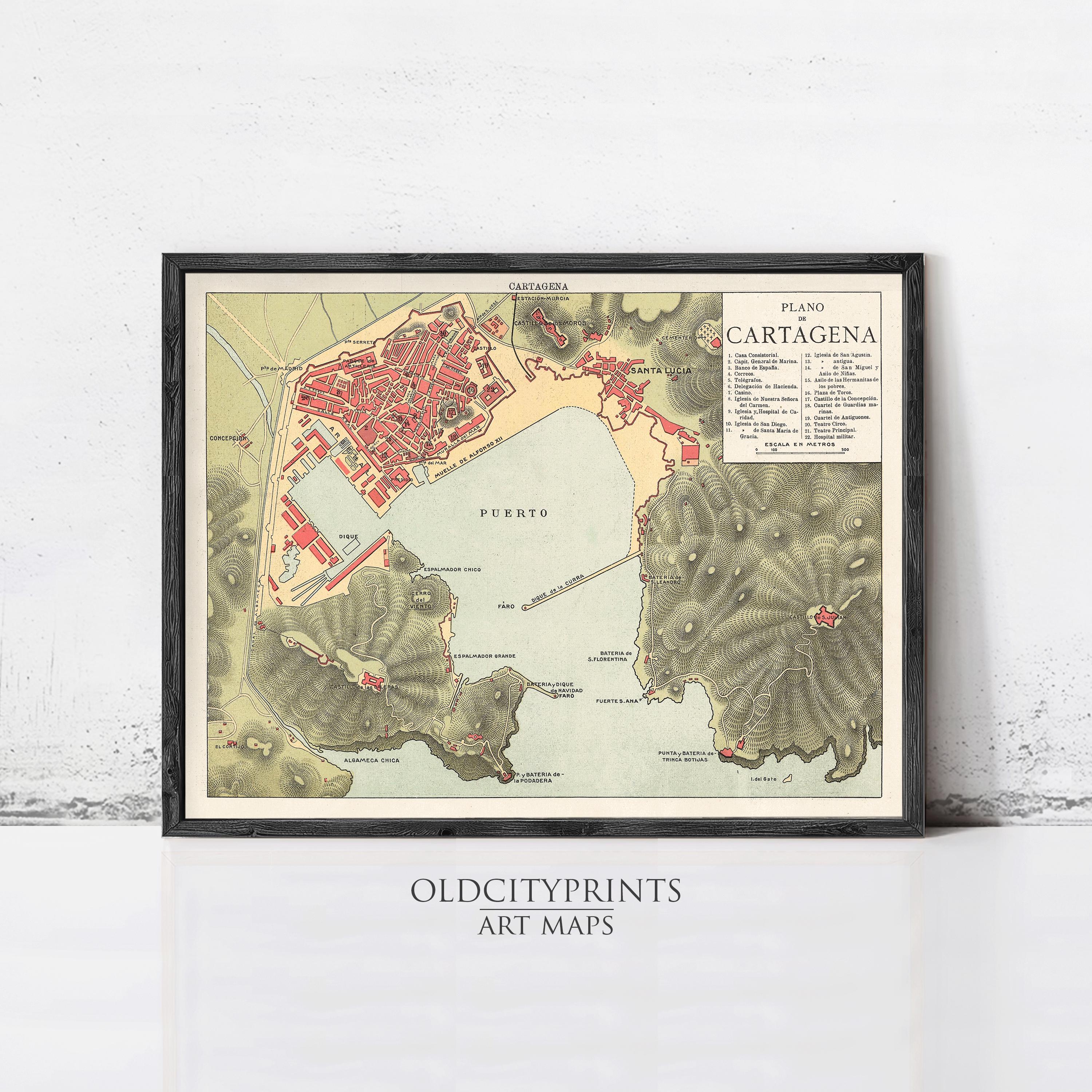 The image is a framed vintage map of Cartagena, Cartagena, Puerto Rico, depicting the city and surrounding areas.