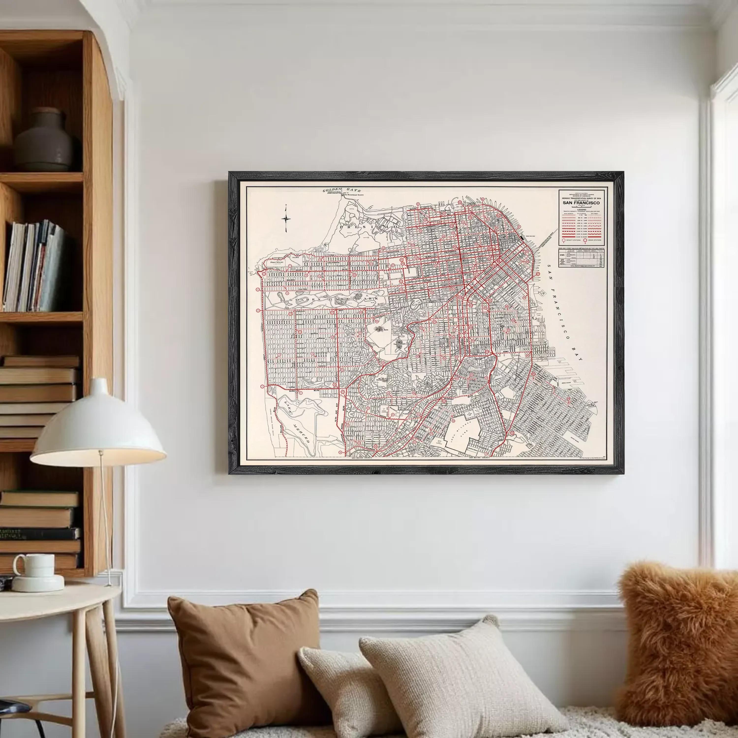 The image is a framed map of San Francisco, California, depicting the city's streets and landmarks.