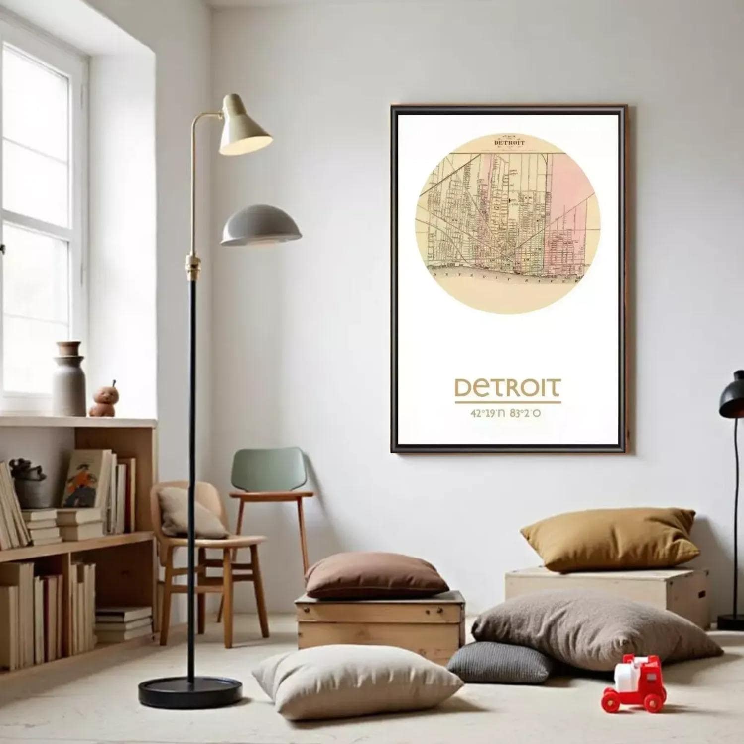 a cozy living room with a large framed poster of a map of Detroit hanging on the wall. The poster is surrounded by various furniture items, including a lamp, a chair, and a bookshelf. The room has a warm and inviting atmosphere, with a comfortable seating area and a collection of books and decorative items.