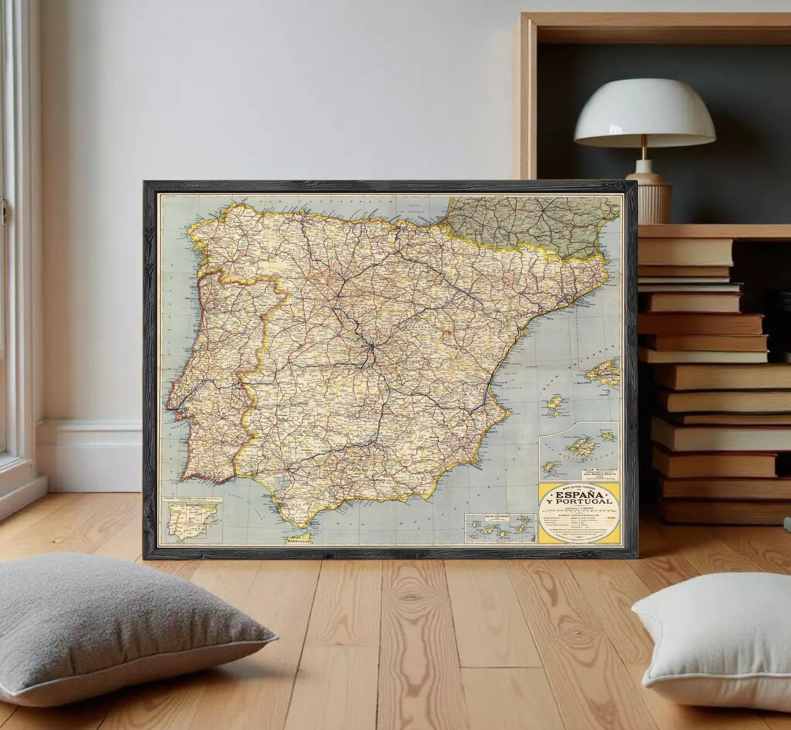 The image is a framed map of Spain, showing the country's geographical layout and major cities.